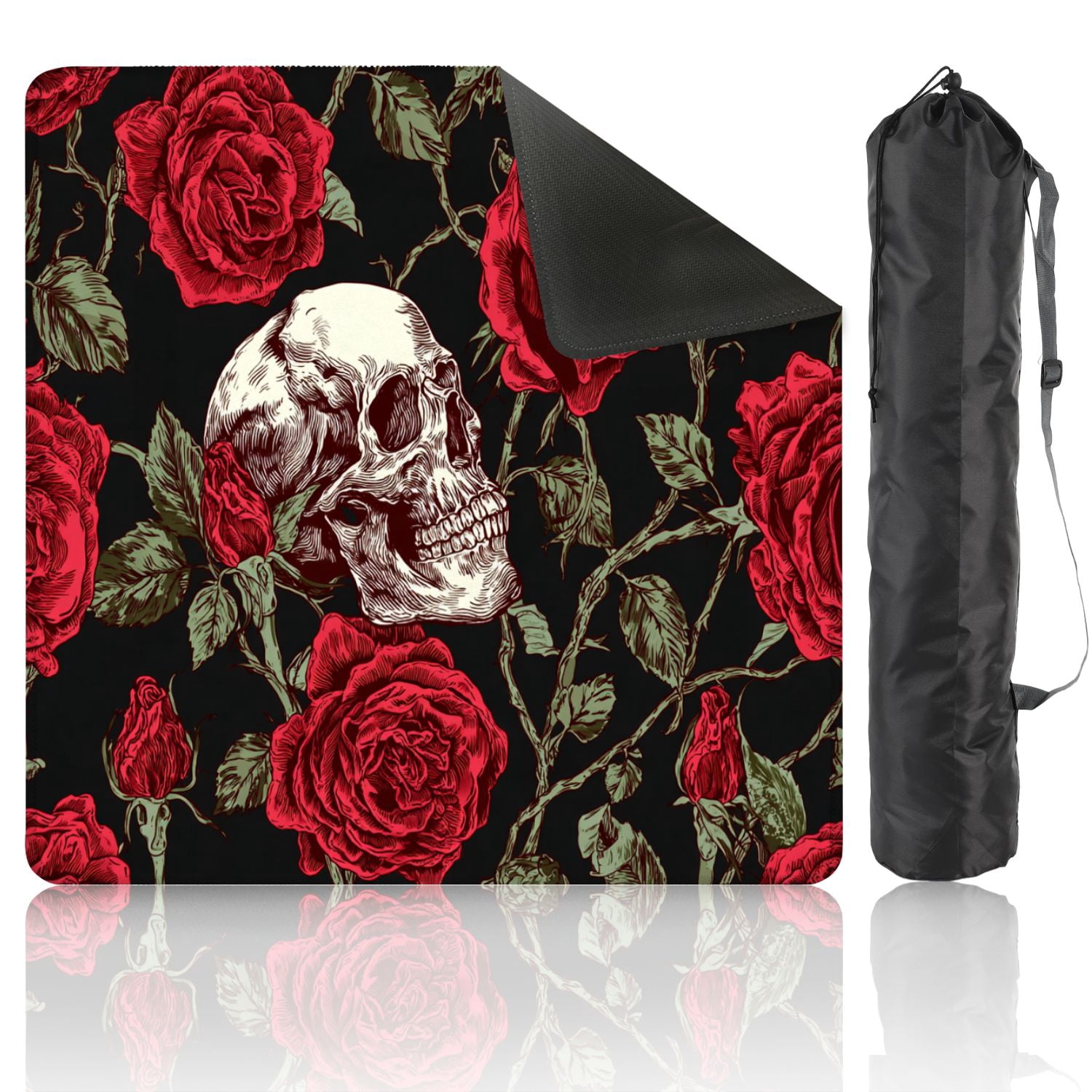 Mahjong Mat 31.5" x 31.5" Seamless skull red roses stems leaves Non-Slip Noise Reduction American Mahjong Tiles Table Cover for Dominoes Poker Card Board Games Gift