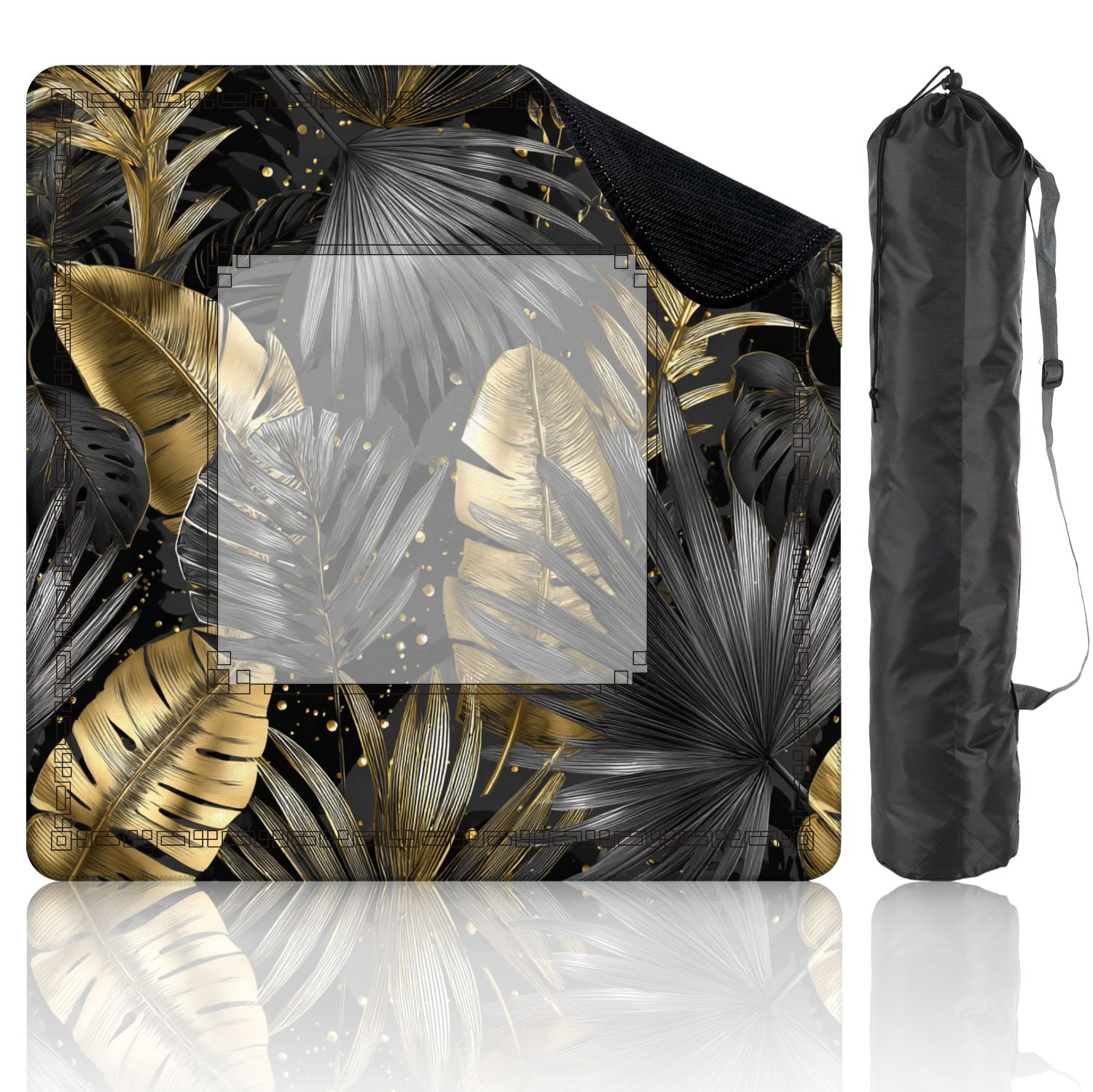 Mahjong Mat 31.5" x 31.5" Seamless tropical Leaves palm tree Gold gray Non-Slip Noise Reduction American Mahjong Tiles Table Cover for Dominoes Poker Card Board Games Gift