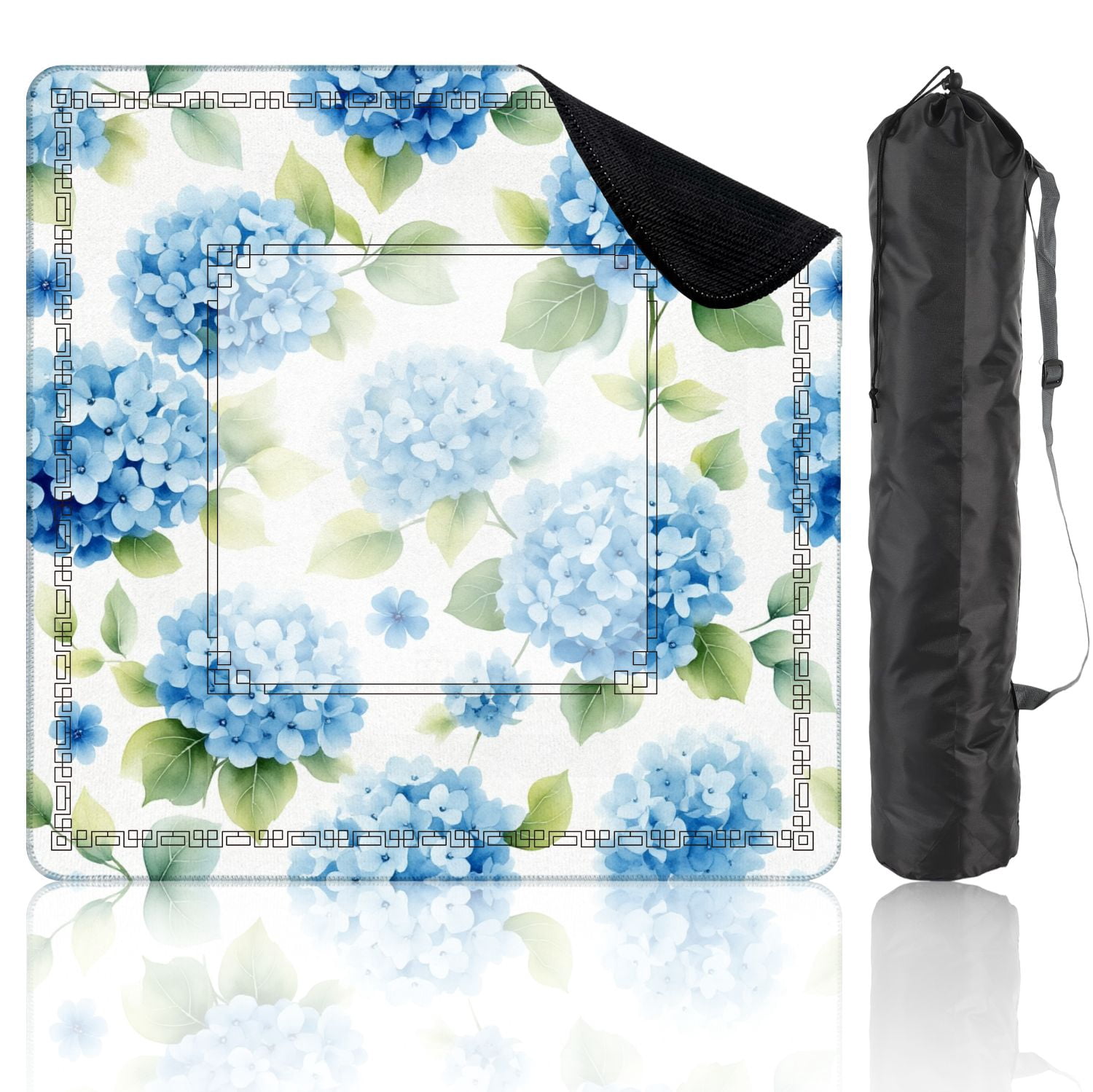 Mahjong Mat 31.5" x 31.5" Seamless watercolor blue hydrangea leaves floral Non-Slip Noise Reduction American Mahjong Tiles Table Cover for Dominoes Poker Card Board Games Gift