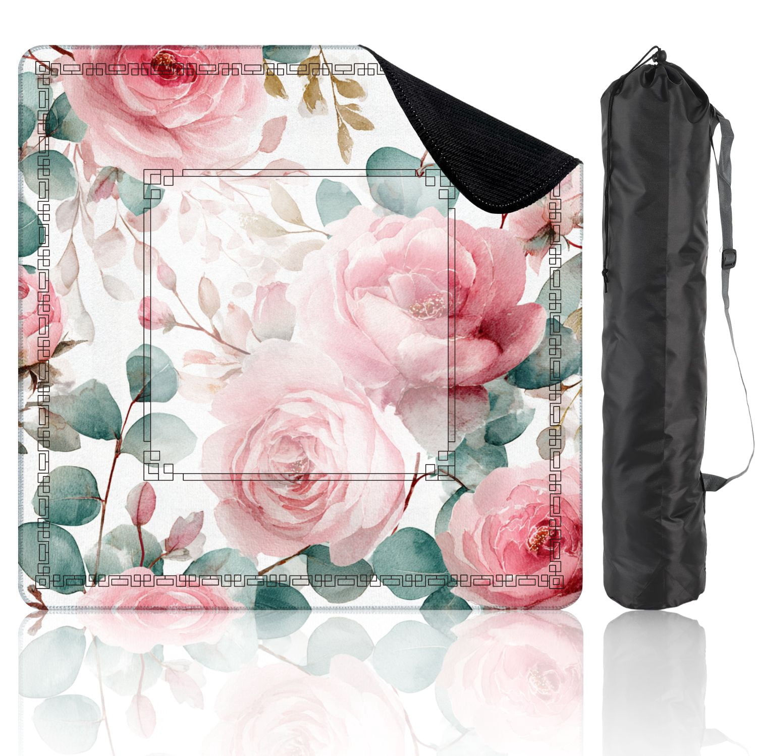 Mahjong Mat 31.5" x 31.5" Seamless watercolor floral pink flowers green leaves Non-Slip Noise Reduction American Mahjong Tiles Table Cover for Dominoes Poker Card Board Games Gift