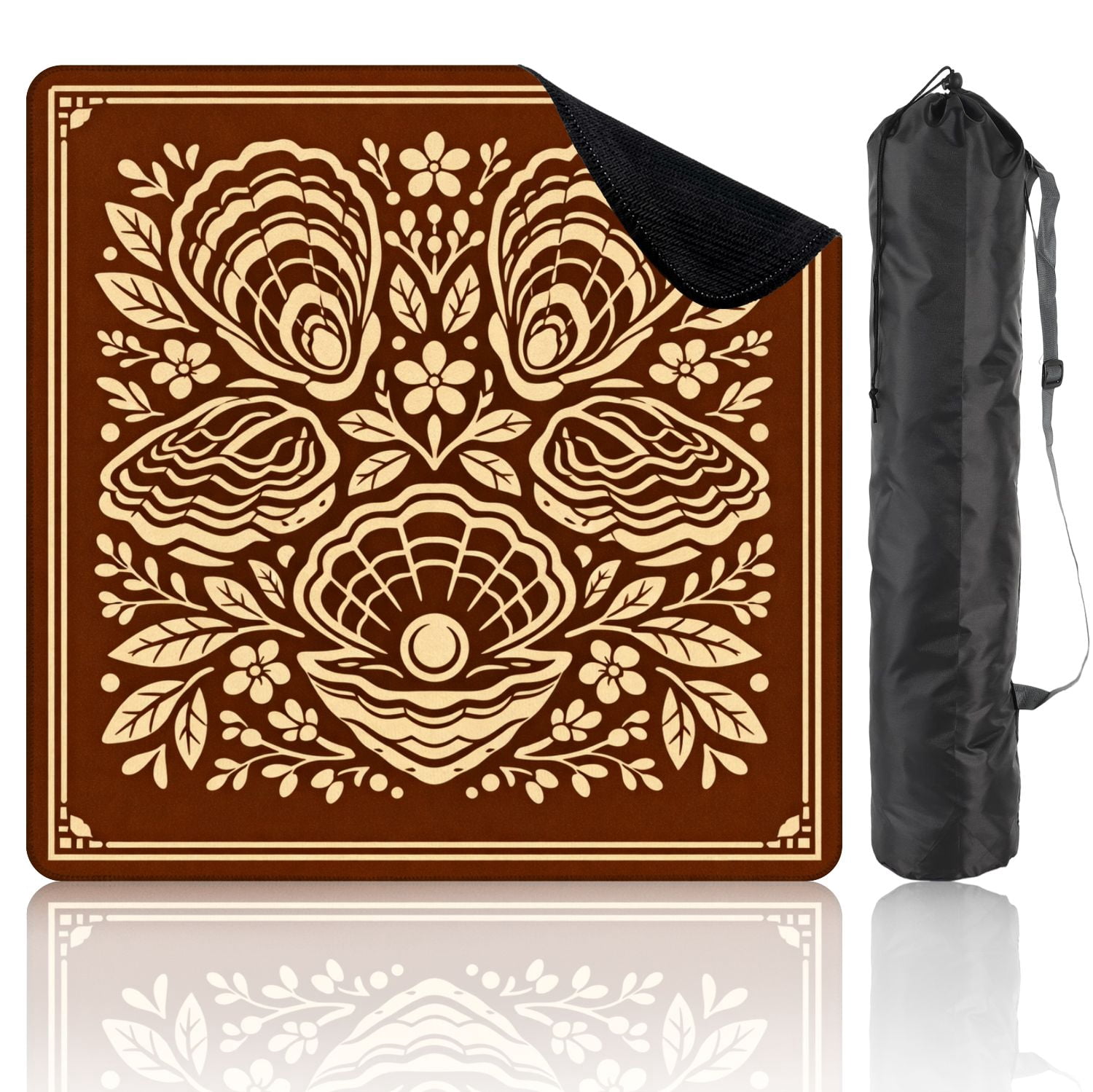 Mahjong Mat 31.5" x 31.5" Seashell Floral Leaf Motifs Brown Beige boho Non-Slip Noise Reduction Mahjong Tiles Table Cover for Dominoes Poker Card Board and Tile Games