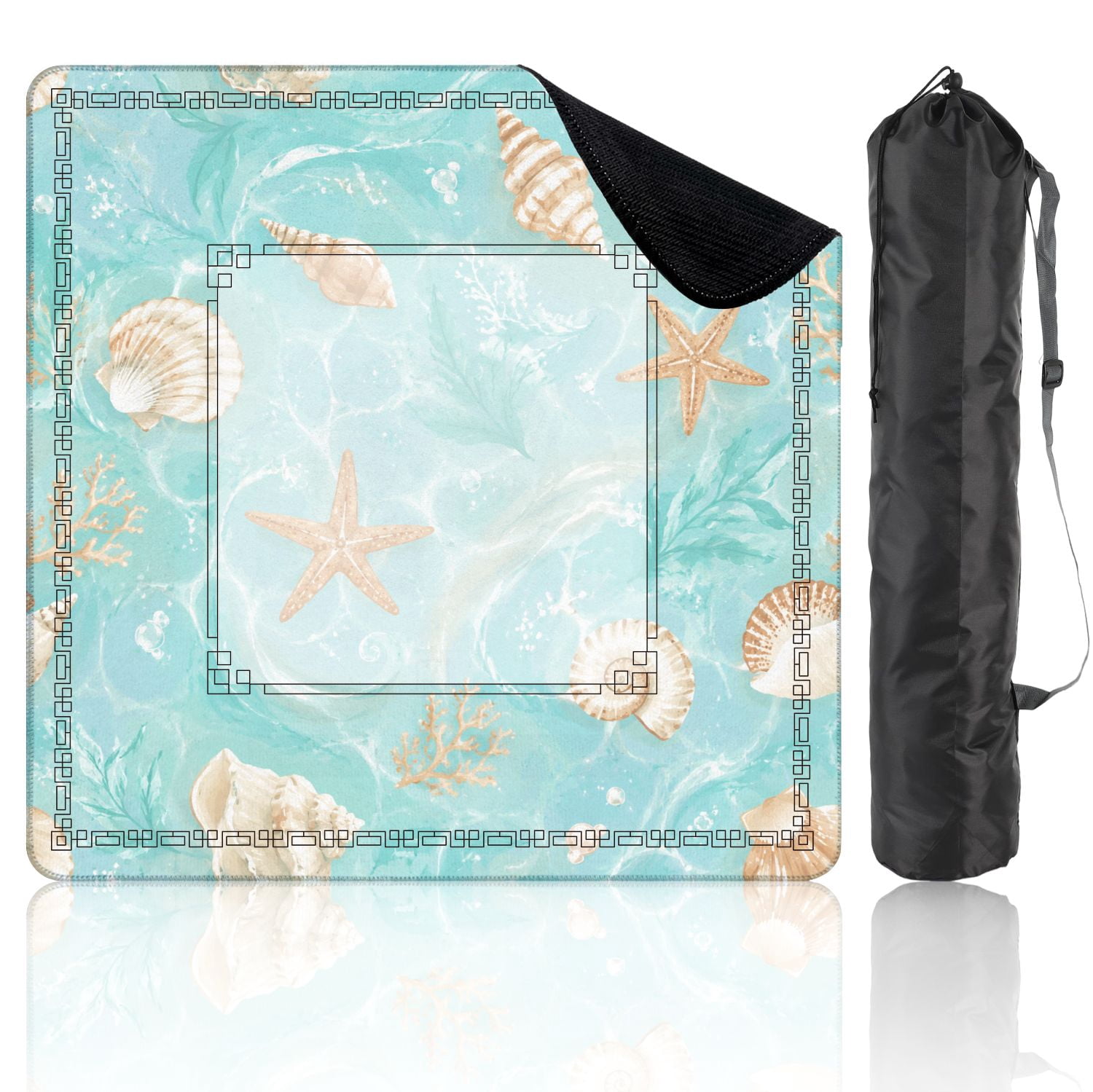 Mahjong Mat 31.5" x 31.5" Seashell Starfish Turquoise Ocean Non-Slip Noise Reduction American Mahjong Tiles Table Cover for Dominoes Poker Card Board Games Gift