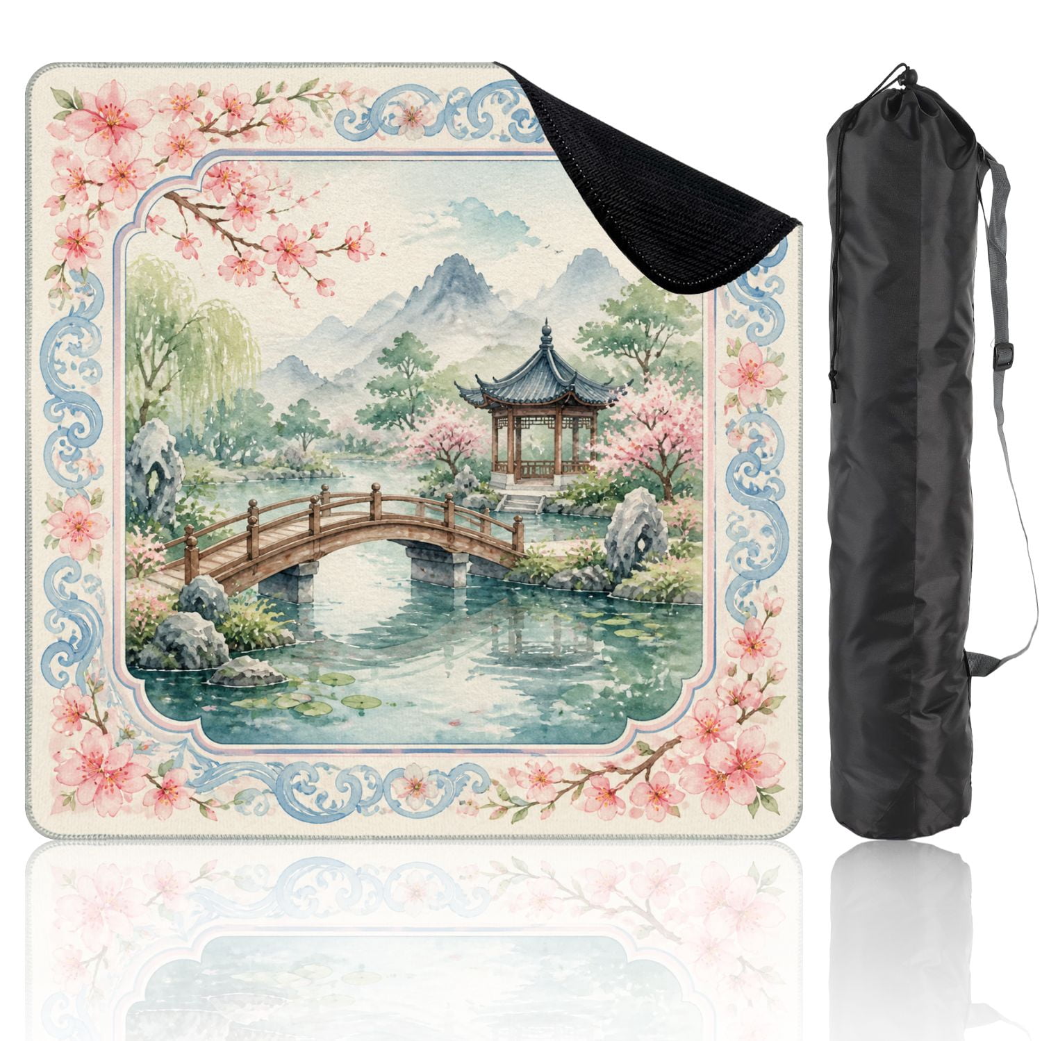 Mahjong Mat 31.5" x 31.5" Serene Japanese Garden Wooden Bridge Pagoda Cherry Blossoms Mountain Non-Slip Noise Reduction Mahjong Tiles Table Cover for Dominoes Poker Card Board and Tile Games