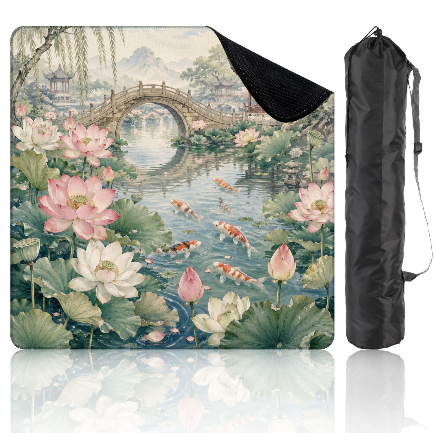 Mahjong Mat 31.5" x 31.5" Serene Lotus Pond Fish Stone Bridge Traditional Garden Pavilions Non-Slip Noise Reduction Mahjong Tiles Table Cover for Dominoes Poker Card Board and Tile Games