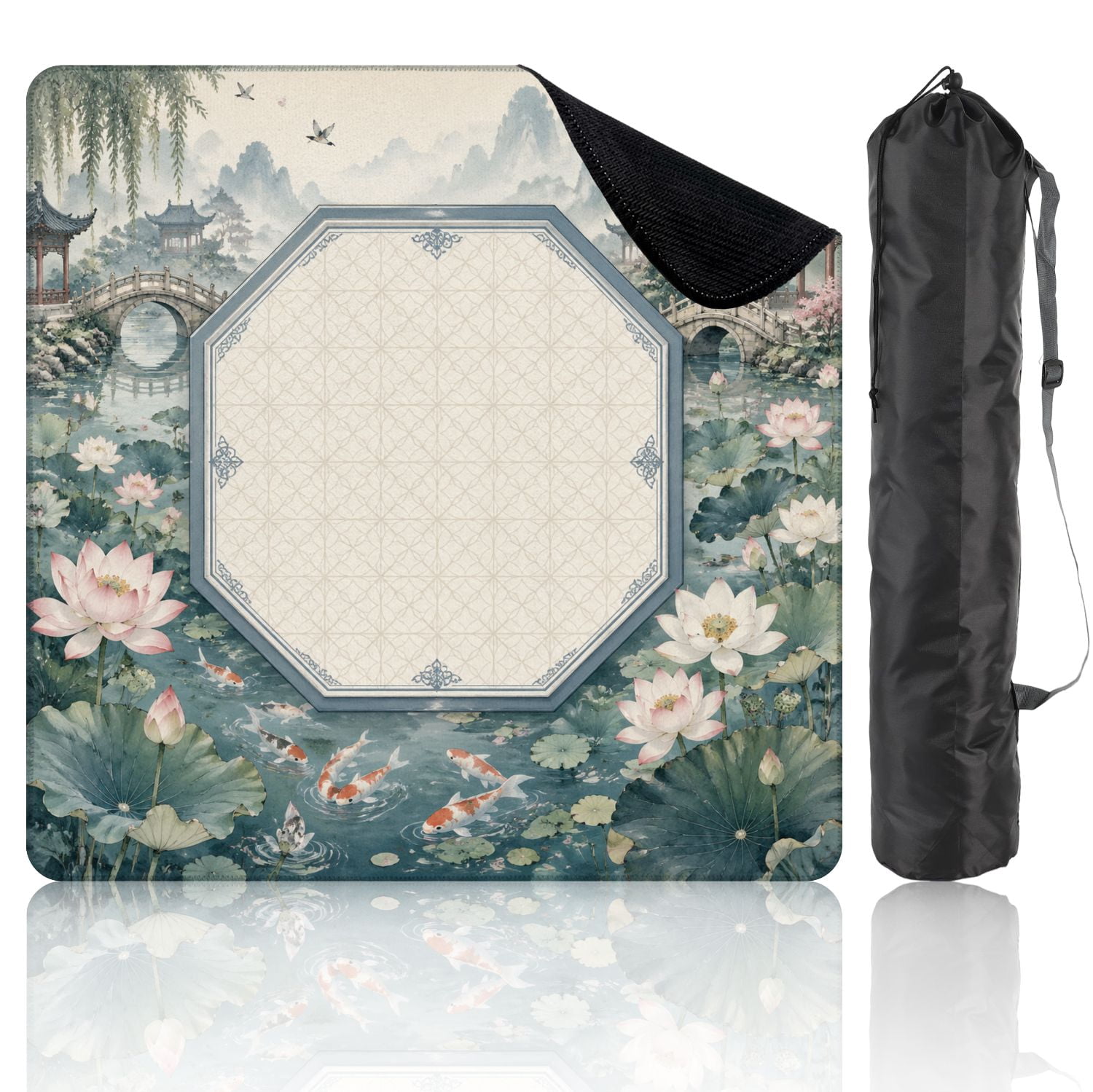 Mahjong Mat 31.5" x 31.5" Serene Pond Lotus Flowers Traditional Chinese Garden Landscape Non-Slip Noise Reduction Mahjong Tiles Table Cover for Dominoes Poker Card Board and Tile Games