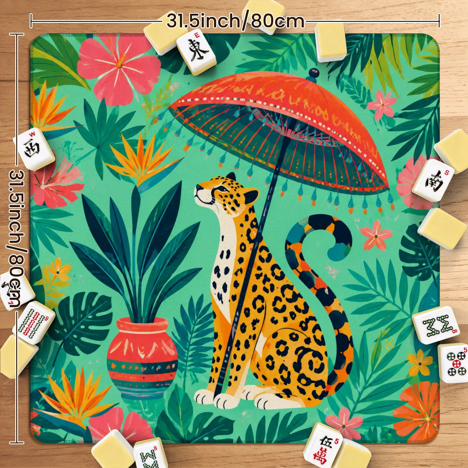Mahjong Mat 31.5" x 31.5" Sitting Red Umbrellas Blue White Vase Vibrant Tropical Floral Non-Slip Noise Reduction American Mahjong Tiles Table Cover for Dominoes Poker Card Board Games Gift