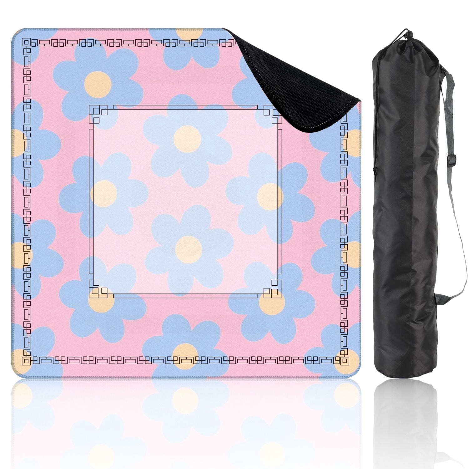 Mahjong Mat 31.5" x 31.5" Soft Blue Daisy Flower Pink Non-Slip Noise Reduction American Mahjong Tiles Table Cover for Dominoes Poker Card Board Games Gift