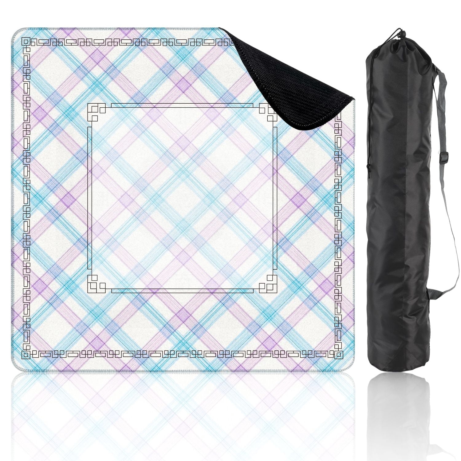 Mahjong Mat 31.5" x 31.5" Soft Blue Purple Plaid Diagonal Stripes White Non-Slip Noise Reduction American Mahjong Tiles Table Cover for Dominoes Poker Card Board Games Gift