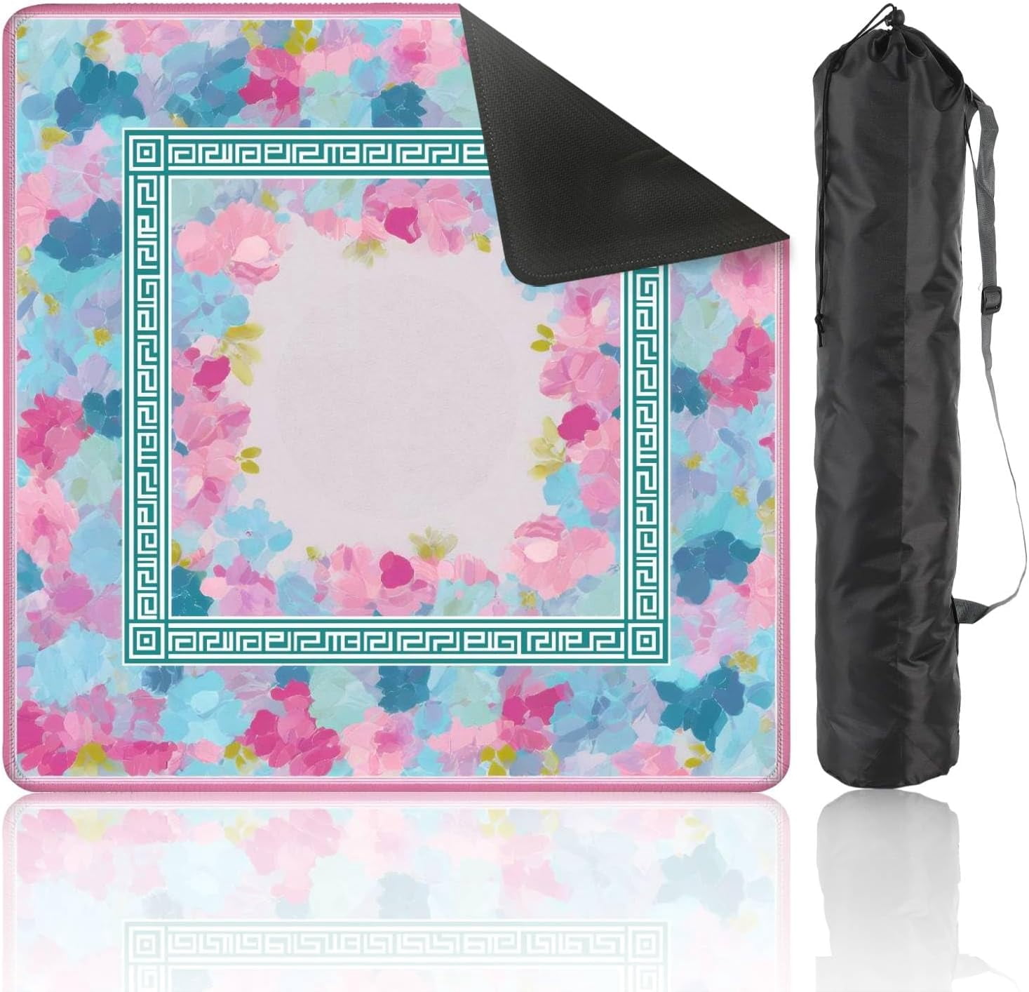 Mahjong Mat 31.5" x 31.5" Soft Pastel Floral Greek Key Border Non-Slip Noise Reduction Mahjong Tiles Table Cover for Dominoes Poker Card Board and Tile Games