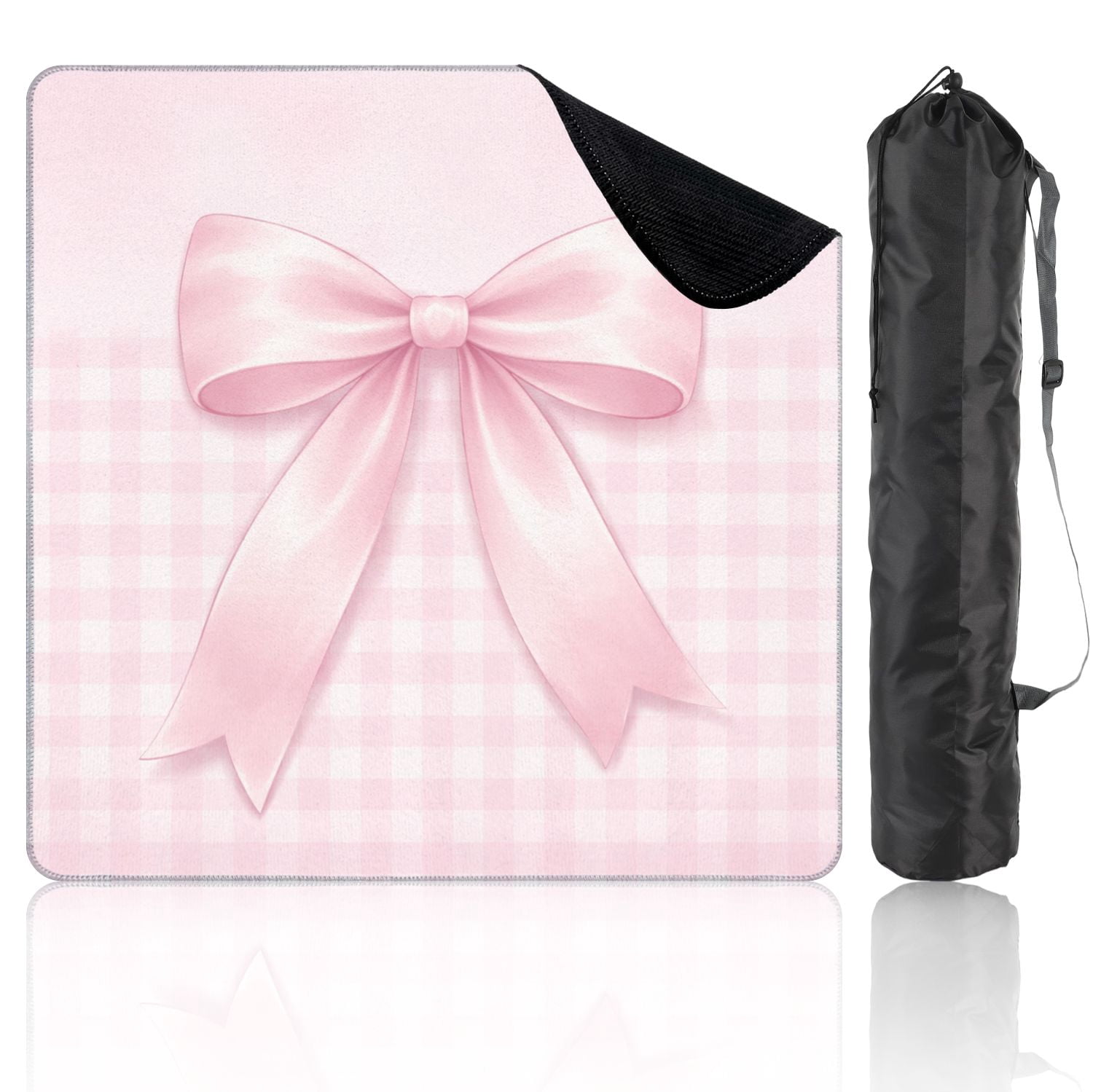 Mahjong Mat 31.5" x 31.5" Soft Pink Ribbon Bow Pastel Gingham Non-Slip Noise Reduction Mahjong Tiles Table Cover for Dominoes Poker Card Board and Tile Games