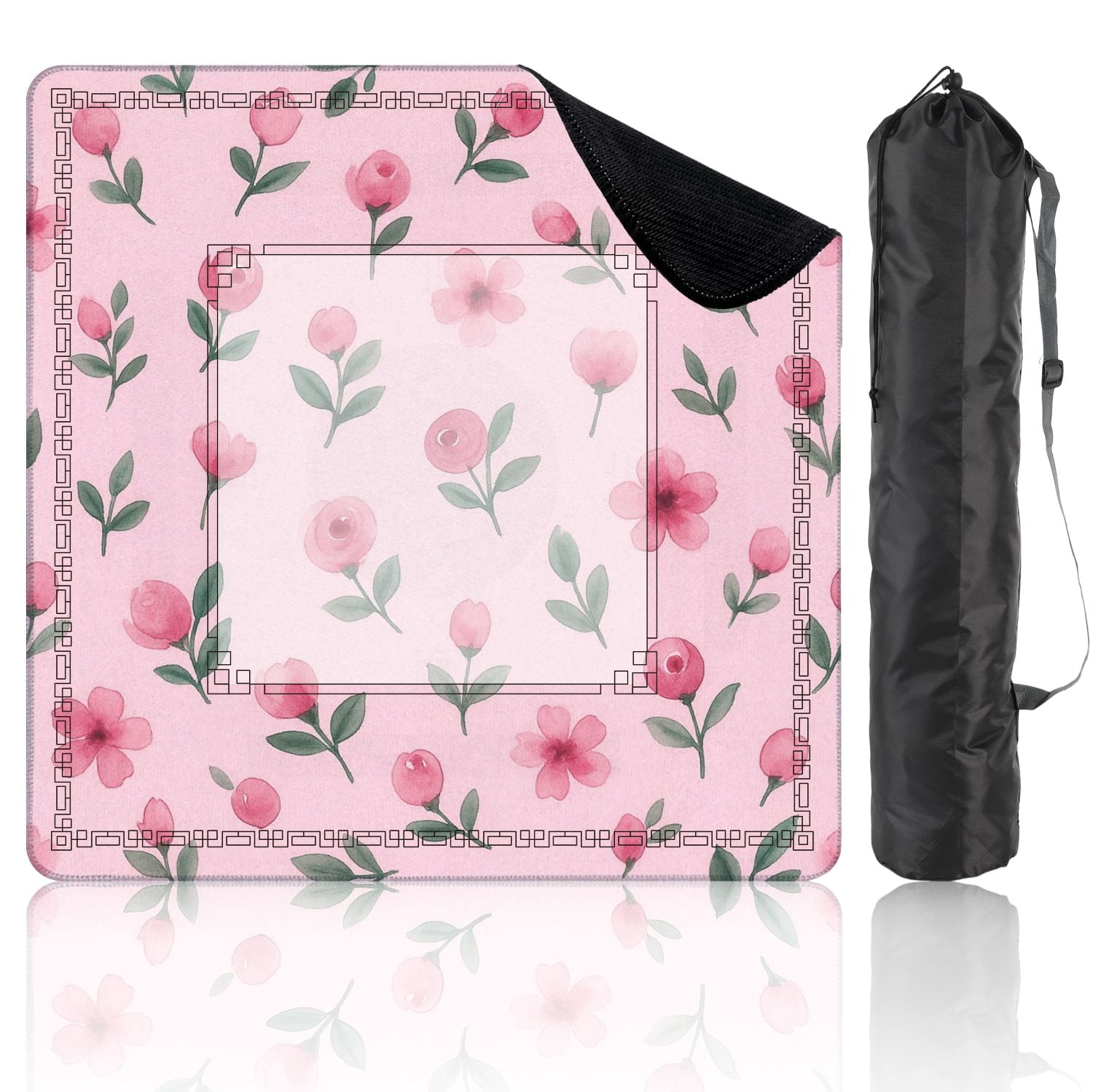 Mahjong Mat 31.5" x 31.5" Soft Pink Watercolor Floral Green Leaves Non-Slip Noise Reduction American Mahjong Tiles Table Cover for Dominoes Poker Card Board Games Gift