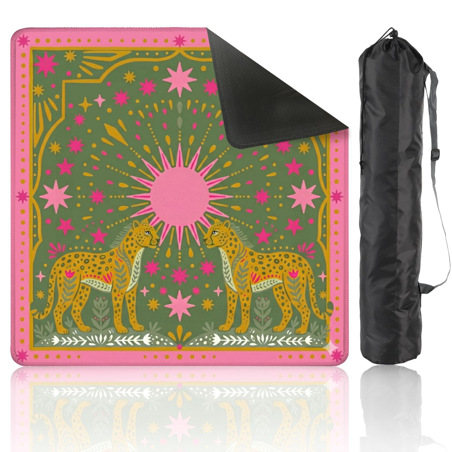 Mahjong Mat 31.5" x 31.5" Stylized Leopard Pink Sun Floral Patterns Non-Slip Noise Reduction American Mahjong Tiles Table Cover for Dominoes Poker Card Board Games Gift