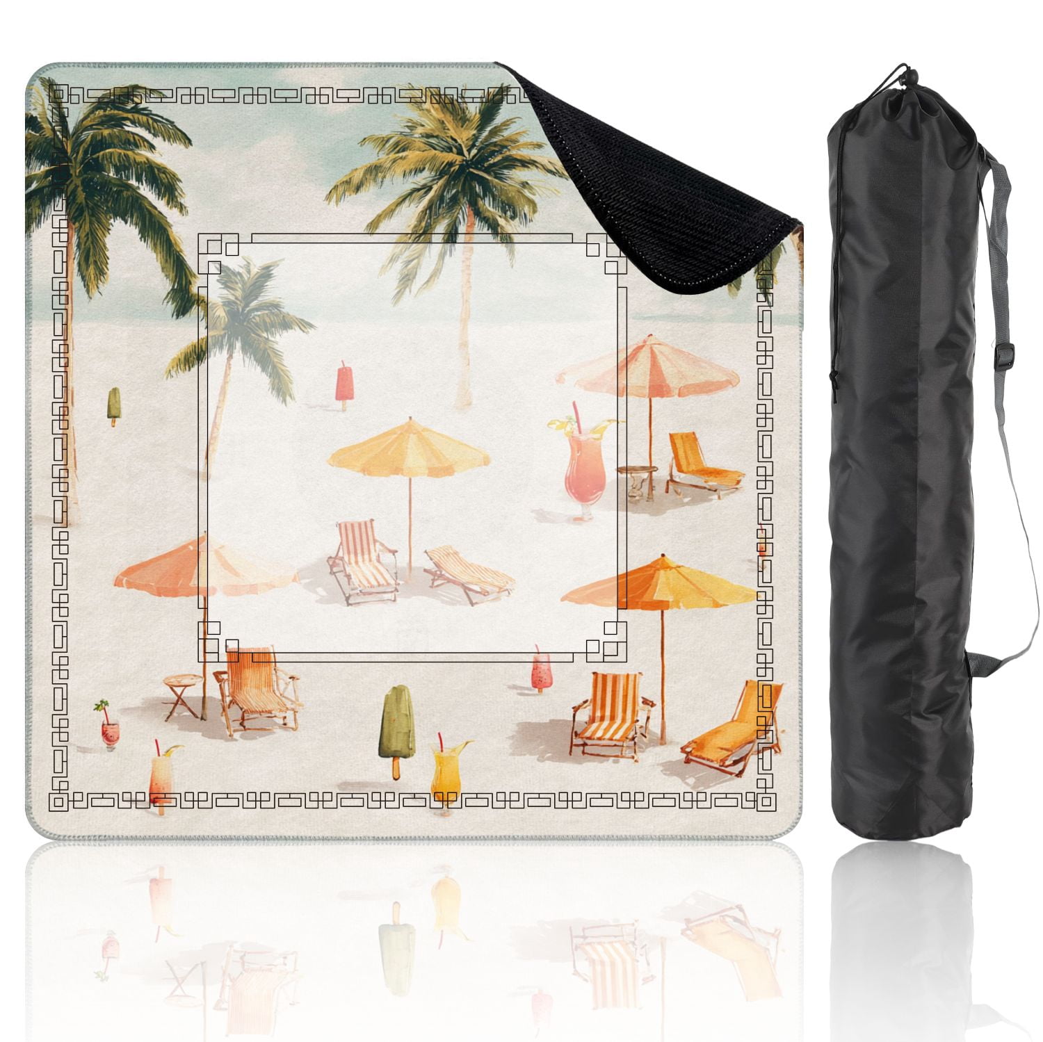 Mahjong Mat 31.5" x 31.5" Summer Tropical Beach Palm Trees Umbrellas Lounge Chairs Refreshing Non-Slip Noise Reduction American Mahjong Tiles Table Cover for Dominoes Poker Card Board Games Gift