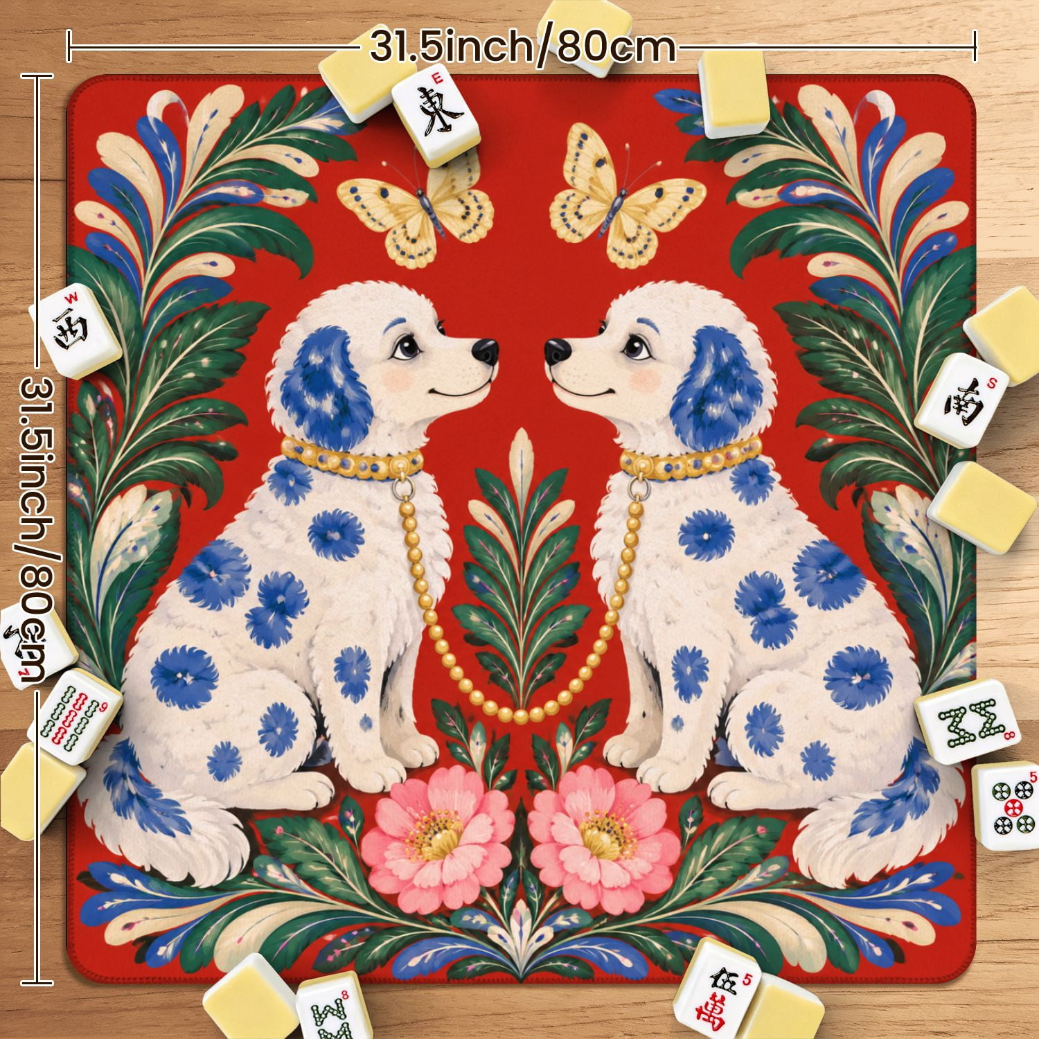 Mahjong Mat 31.5" x 31.5" Symmetrical Blue Spotted Poodles Floral Butterfly Folk Art Red Non-Slip Noise Reduction American Mahjong Tiles Table Cover for Dominoes Poker Card Board Games Gift
