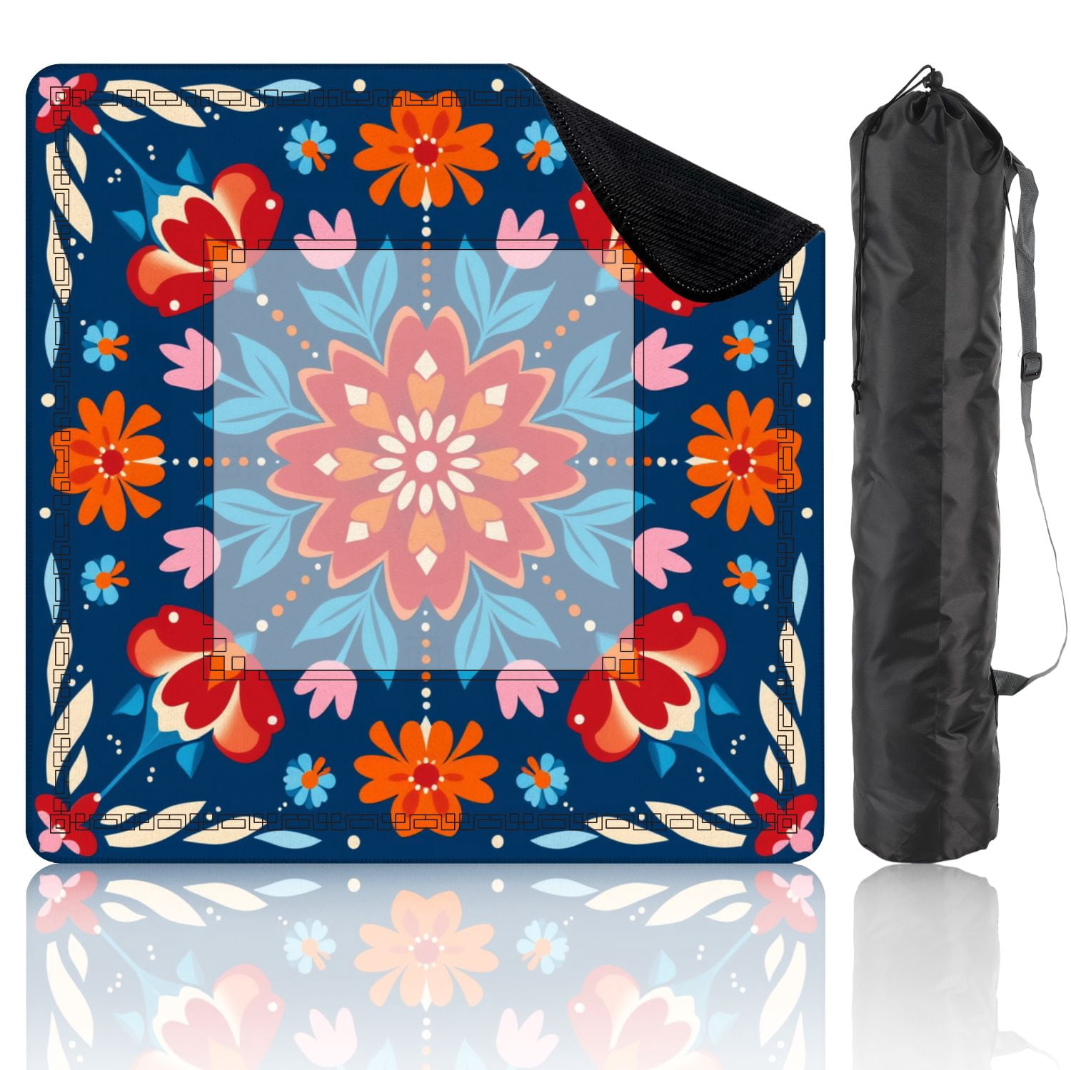 Mahjong Mat 31.5" x 31.5" Symmetrical Floral Folk Art Red Flowers Blue Non-Slip Noise Reduction American Mahjong Tiles Table Cover for Dominoes Poker Card Board Games Gift