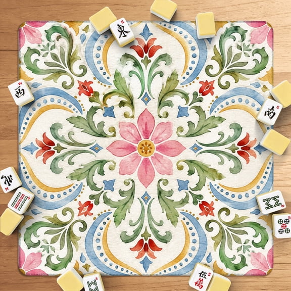 Mahjong Mat 31.5" x 31.5" Symmetrical Floral Folk Pastel Colors Ornamental Decorative Motifs Non-Slip Noise Reduction American Mahjong Tiles Table Cover for Dominoes Poker Card Board Games Gift