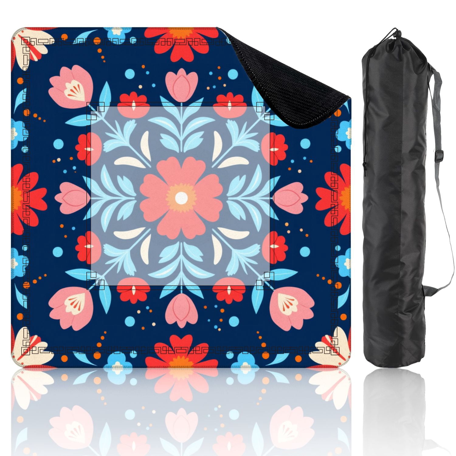 Mahjong Mat 31.5" x 31.5" Symmetrical Floral Folk Red Pink Flowers Dark Blue Non-Slip Noise Reduction American Mahjong Tiles Table Cover for Dominoes Poker Card Board Games Gift