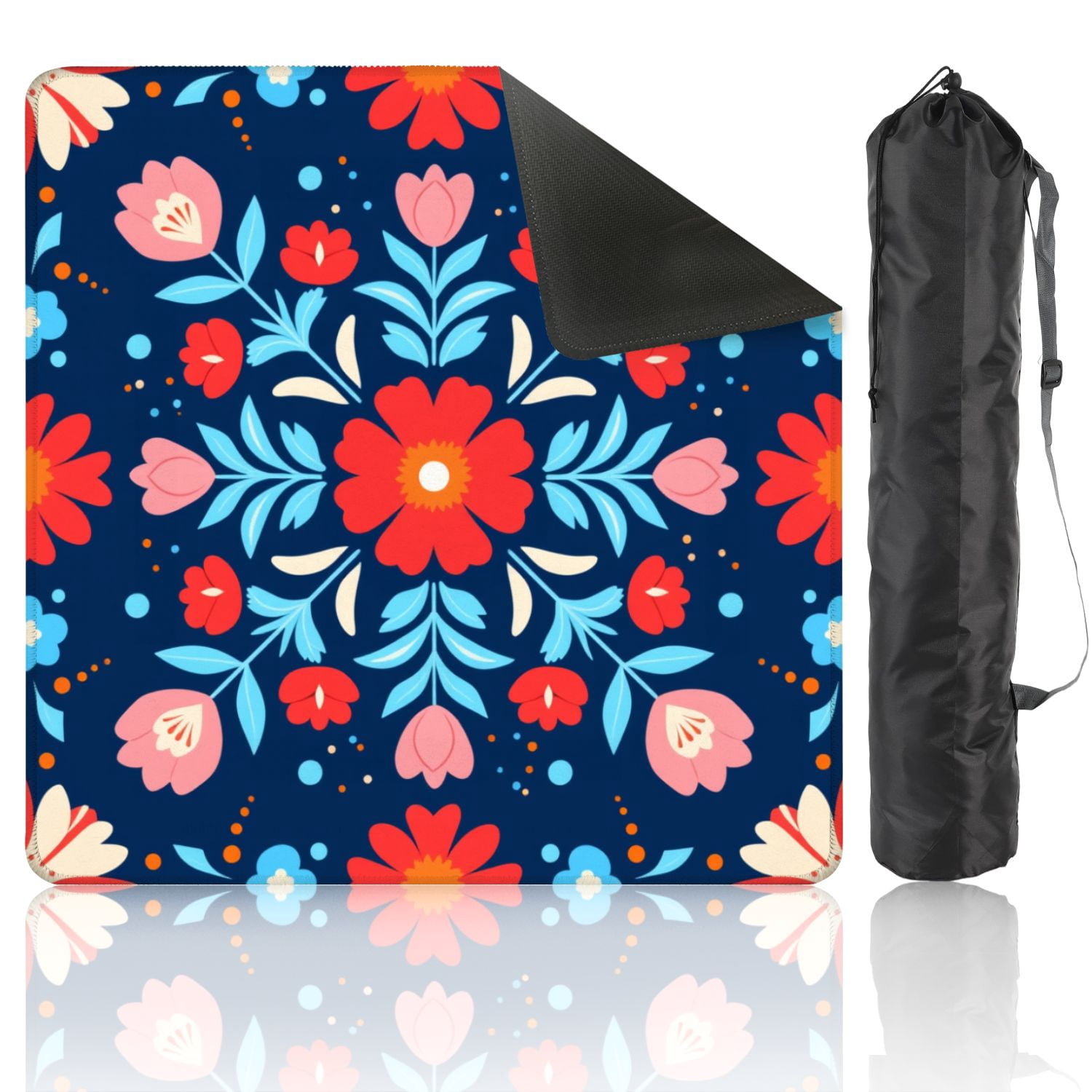 Mahjong Mat 31.5" x 31.5" Symmetrical Floral Folk Red Pink Flowers Dark Blue Non-Slip Noise Reduction American Mahjong Tiles Table Cover for Dominoes Poker Card Board Games Gift