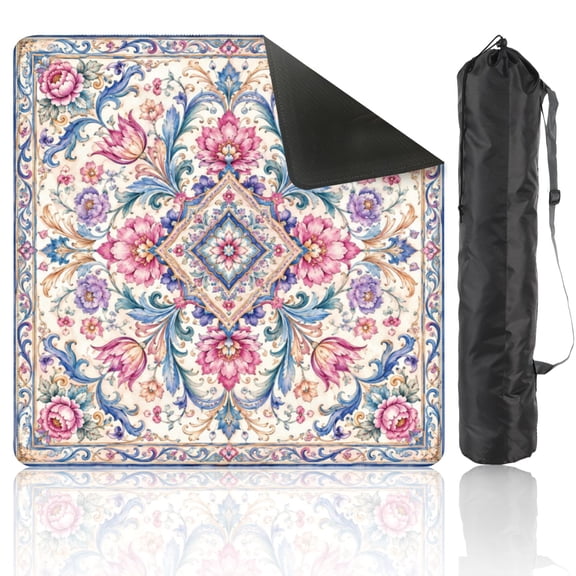 Mahjong Mat 31.5" x 31.5" Symmetrical Floral Ornamental Mandala Blue Pink Yellow Decorative Folk Non-Slip Noise Reduction American Mahjong Tiles Table Cover for Dominoes Poker Card Board Games Gift