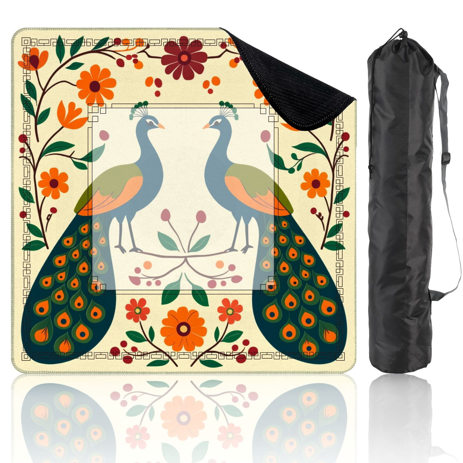 Mahjong Mat 31.5" x 31.5" Symmetrical Peacock Vibrant Orange Flowers Green Foliage Folk Art Non-Slip Noise Reduction American Mahjong Tiles Table Cover for Dominoes Poker Card Board Games Gift