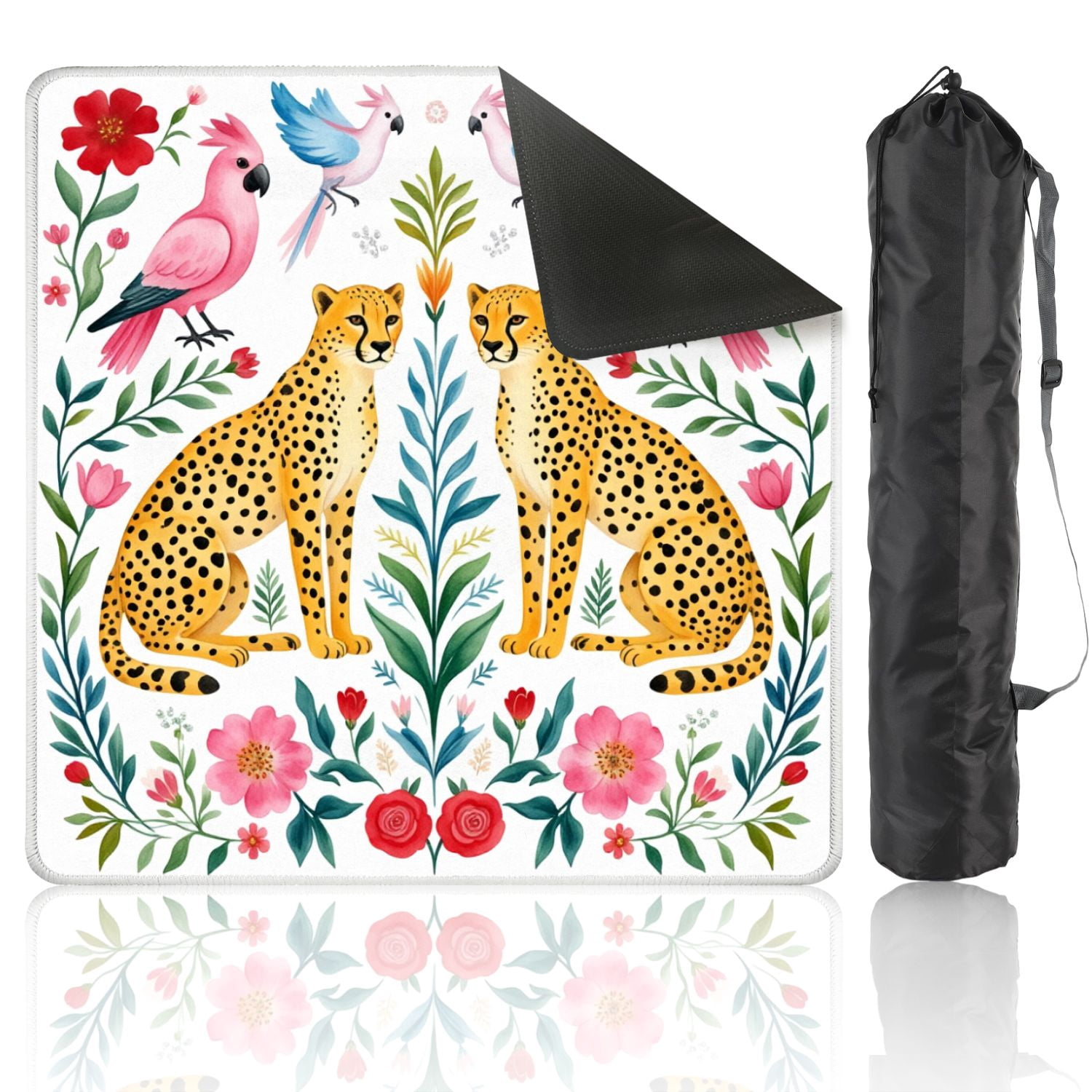 Mahjong Mat 31.5" x 31.5" Symmetrical Wildlife Cheetahs Pink Blue Parrots Vibrant Floral Non-Slip Noise Reduction American Mahjong Tiles Table Cover for Dominoes Poker Card Board Games Gift