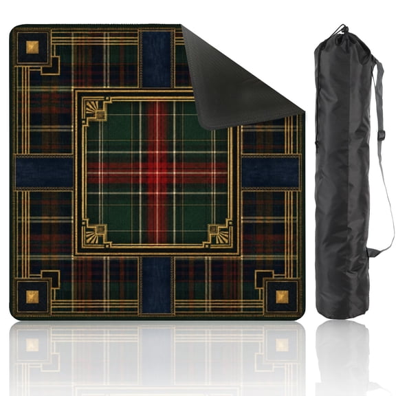 Mahjong Mat 31.5" x 31.5" Tartan Plaid Green Red Navy Checks Ornate Gold Frame Design Non-Slip Noise Reduction American Mahjong Tiles Table Cover for Dominoes Poker Card Board Games Gift