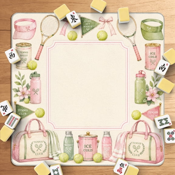 Mahjong Mat 31.5" x 31.5" Tennis Themed Pink Green Equipment Pastel Non-Slip Noise Reduction American Mahjong Tiles Table Cover for Dominoes Poker Card Board Games Gift