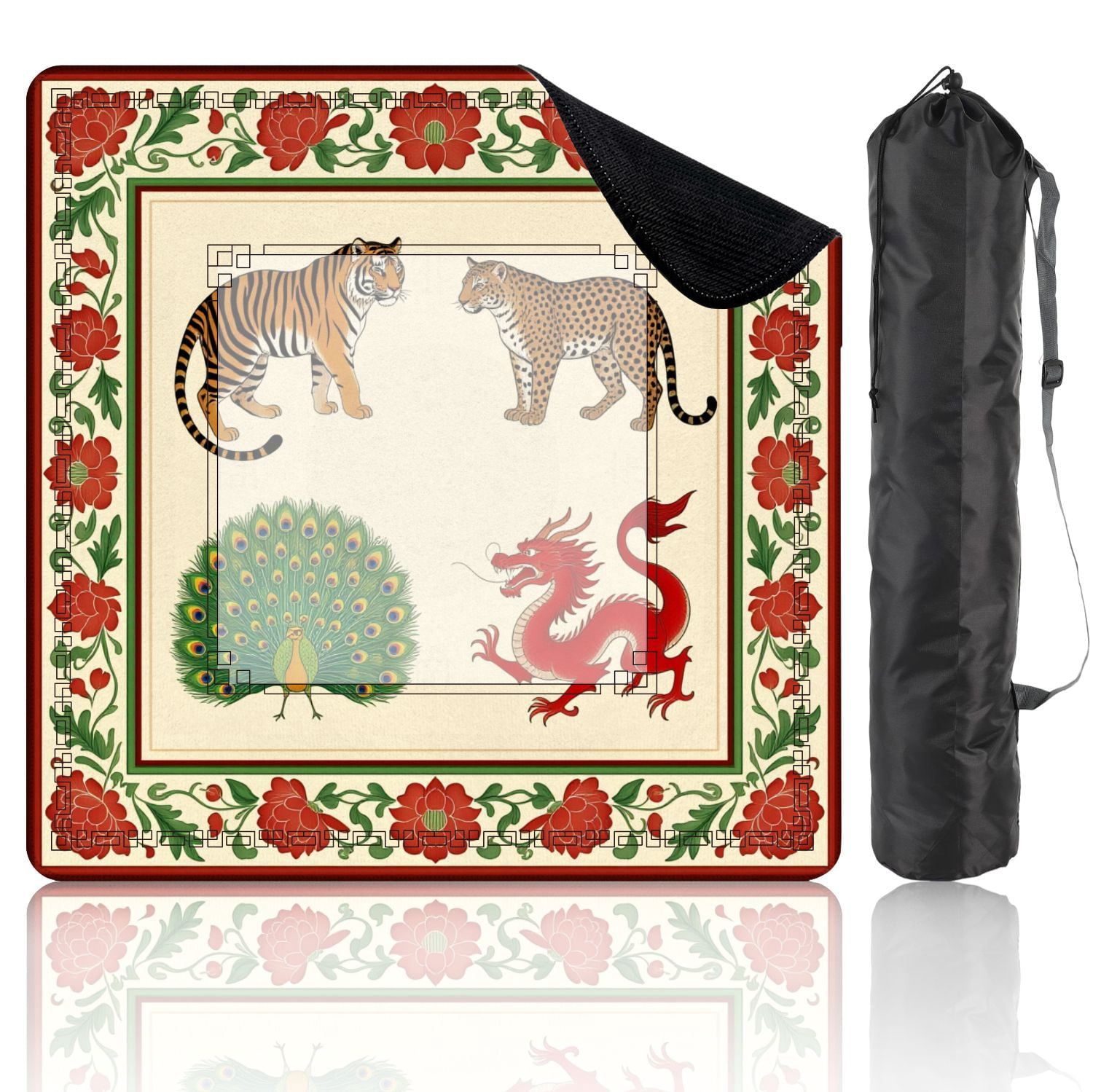 Mahjong Mat 31.5" x 31.5" Tiger Leopard Peacock Red Dragon Floral Border Non-Slip Noise Reduction American Mahjong Tiles Table Cover for Dominoes Poker Card Board Games Gift