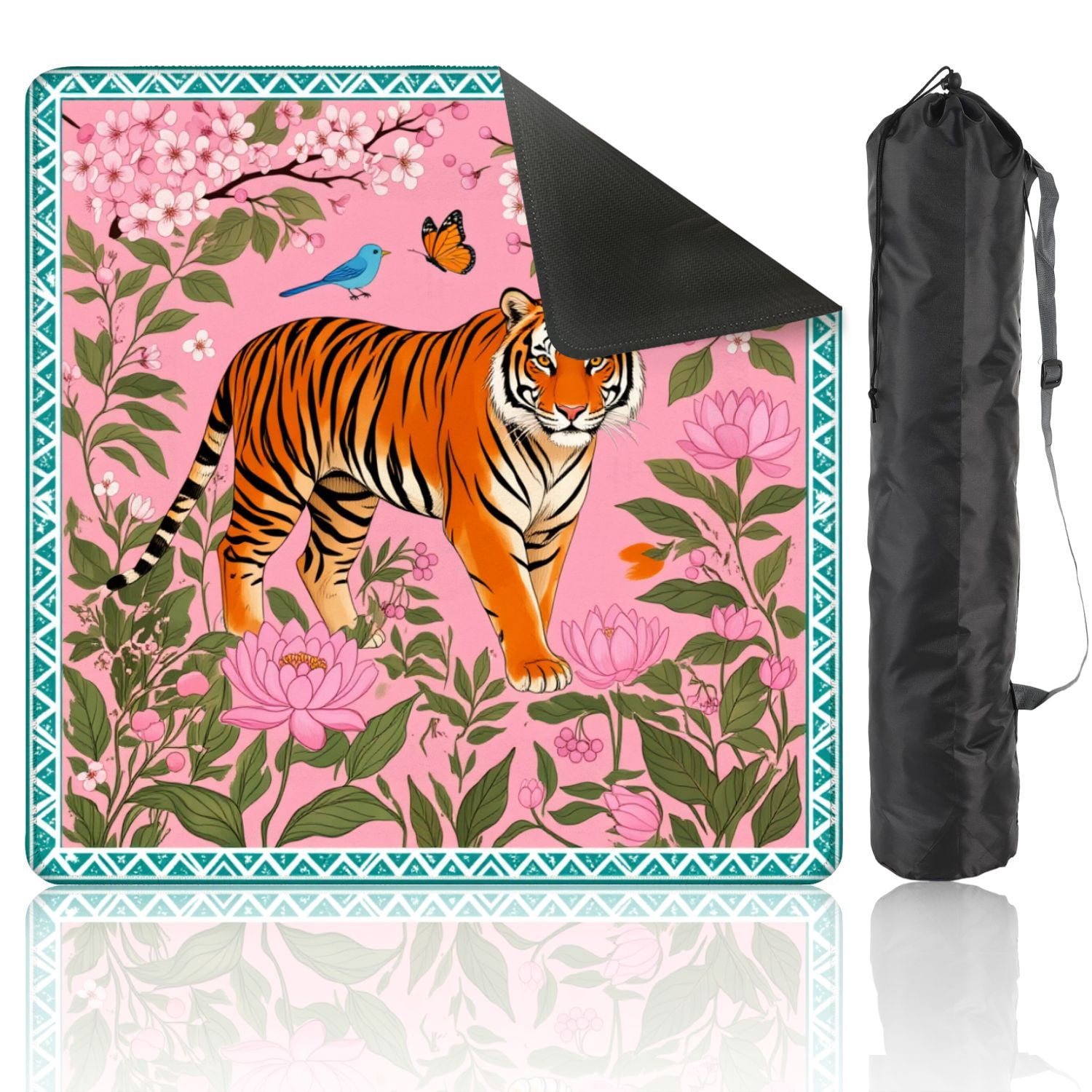 Mahjong Mat 31.5" x 31.5" Tiger Pink Floral Garden Birds Butterfly Decorative Oriental Style Non-Slip Noise Reduction American Mahjong Tiles Table Cover for Dominoes Poker Card Board Games Gift