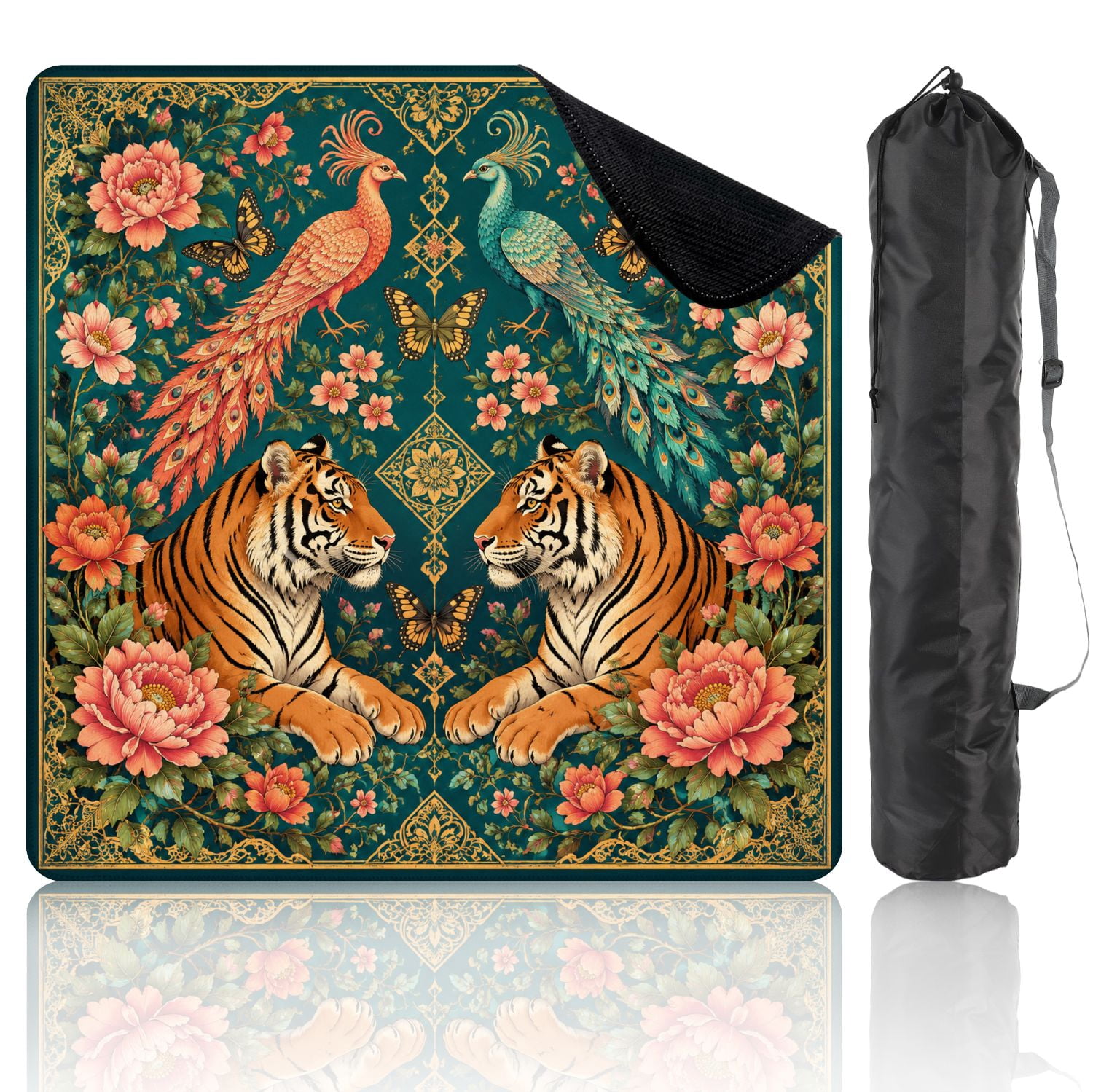 Mahjong Mat 31.5" x 31.5" Tigers Exotic Birds Floral Ornamental Teal Non-Slip Noise Reduction Mahjong Tiles Table Cover for Dominoes Poker Card Board and Tile Games