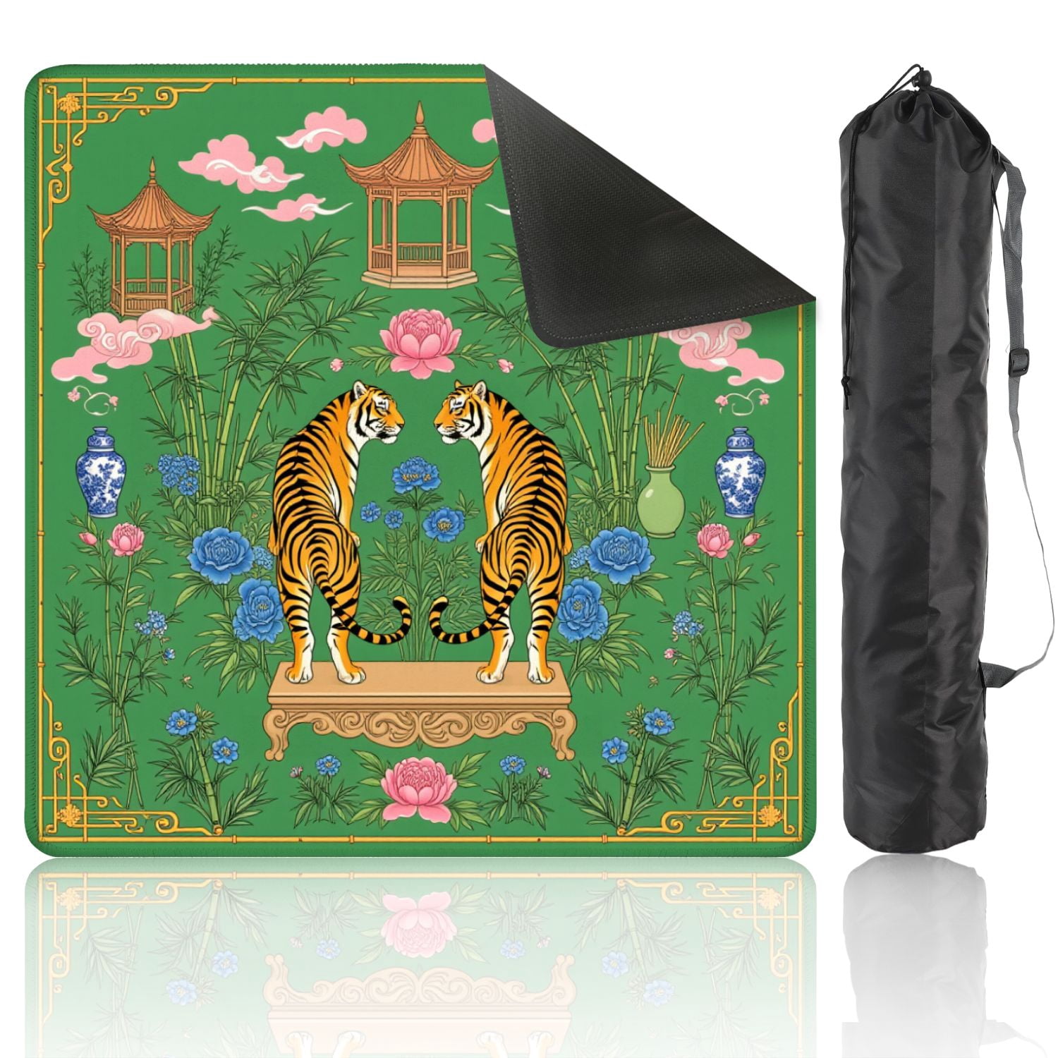 Mahjong Mat 31.5" x 31.5" Traditional Chinese Tigers Bamboo Floral Elements Green Non-Slip Noise Reduction American Mahjong Tiles Table Cover for Dominoes Poker Card Board Games Gift