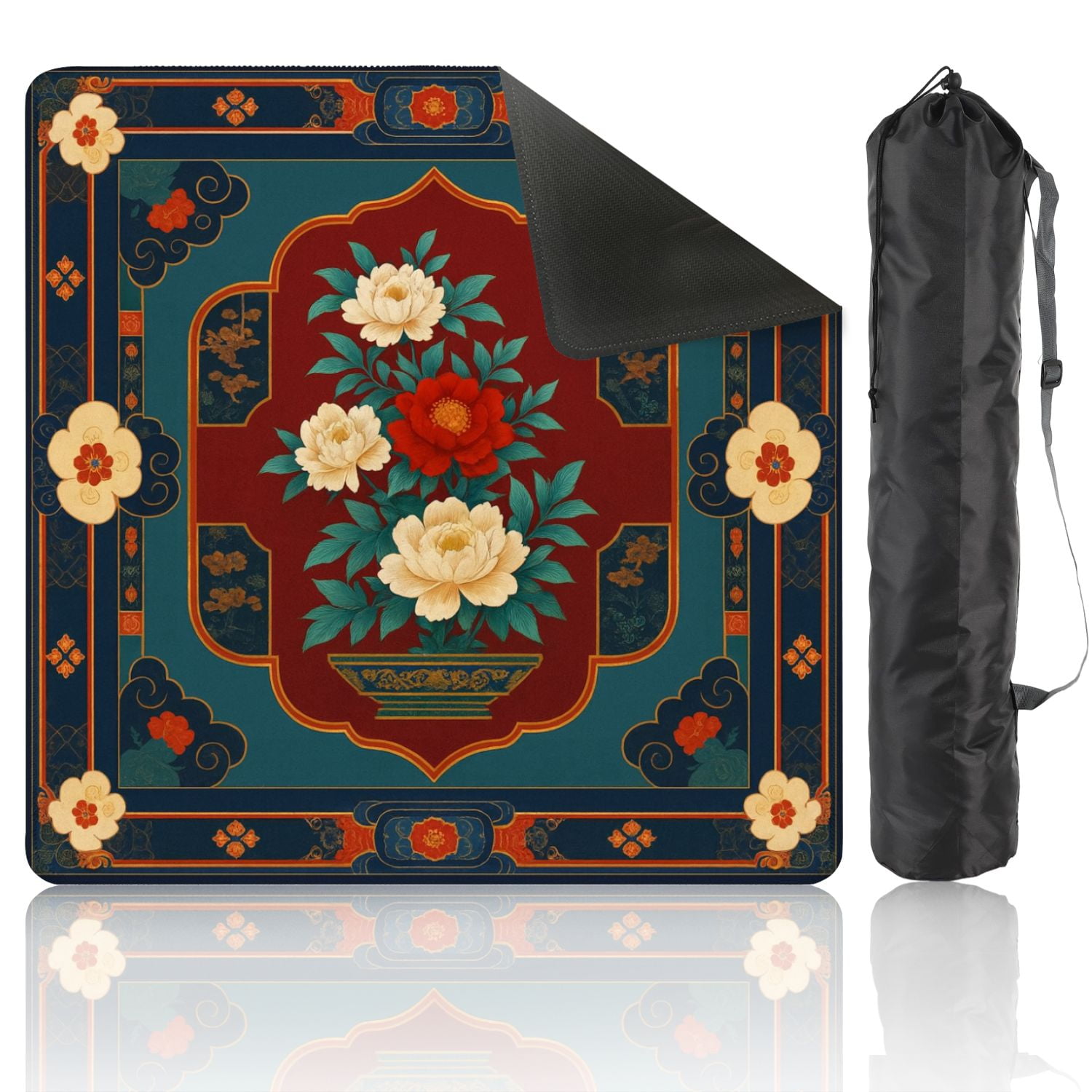 Mahjong Mat 31.5" x 31.5" Traditional Floral Anti-Slip and Noise Reduction Symmetry Design Mahjong Tiles Table Cover for Dominoes Poker Card Board and Tile Games