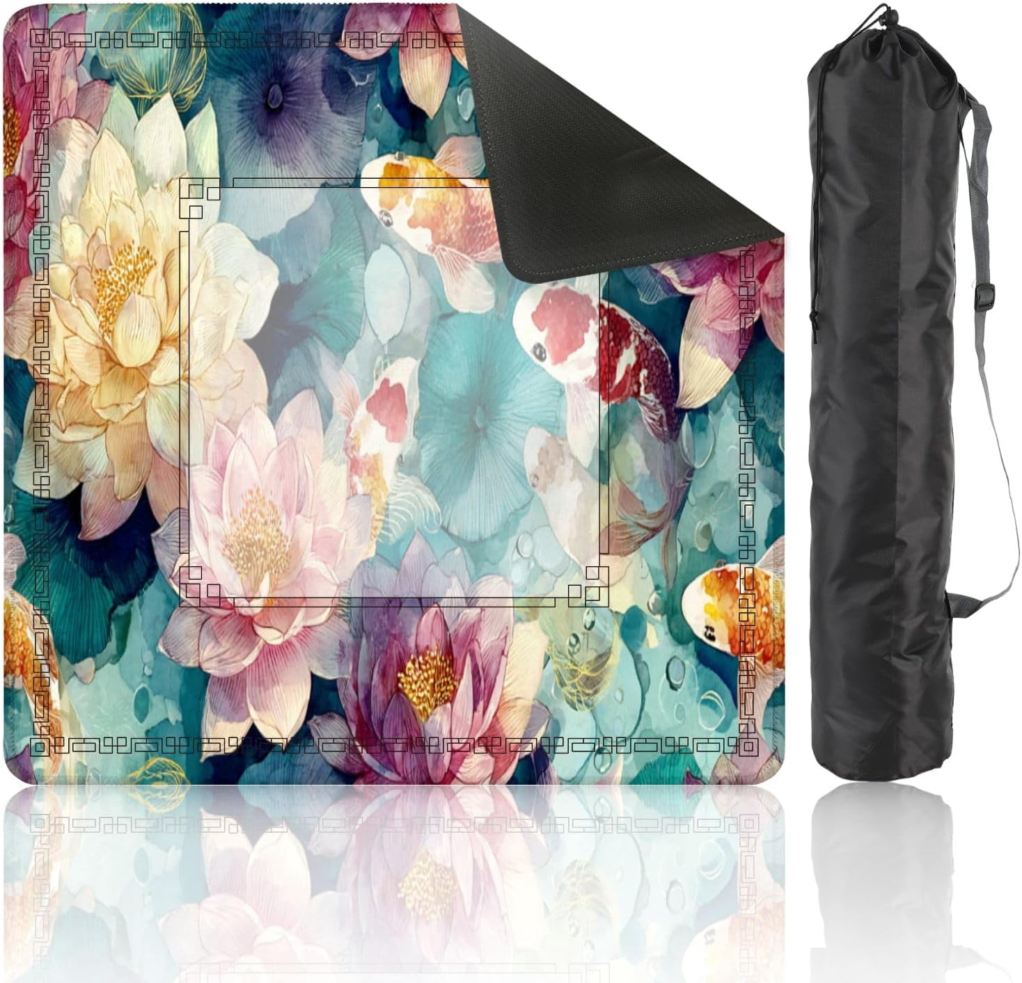 Mahjong Mat 31.5" x 31.5" Tranquil Pond Watercolor Art Lotus Flowers Fish Non-Slip Noise Reduction Mahjong Tiles Table Cover for Dominoes Poker Card Board and Tile Games
