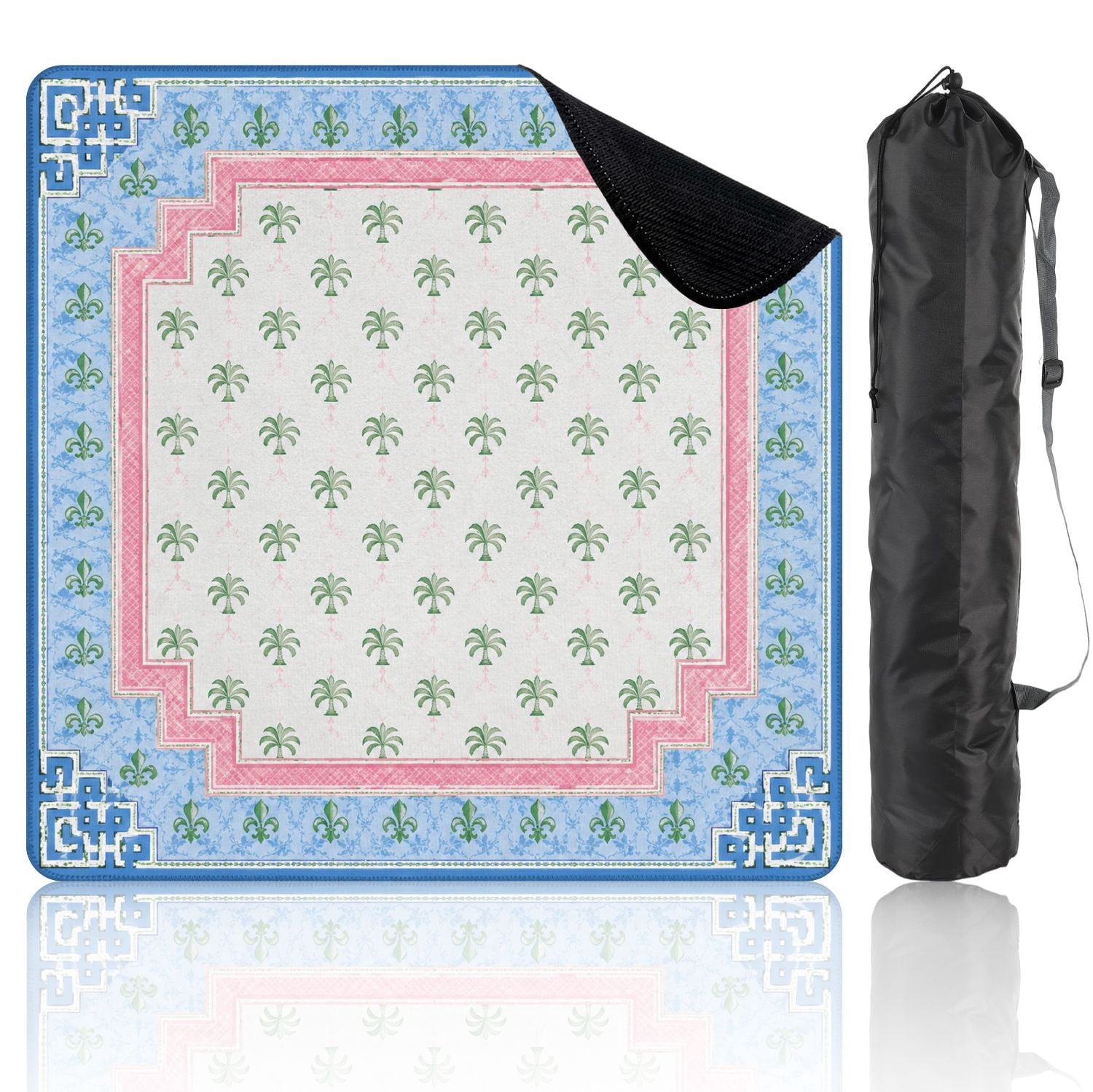 Mahjong Mat 31.5" x 31.5" Tropical Bamboo Palm Leaf Geometric Border Blue Green Non-Slip Noise Reduction Chic Portable Gaming Table Cover for Family Game Night & Gift