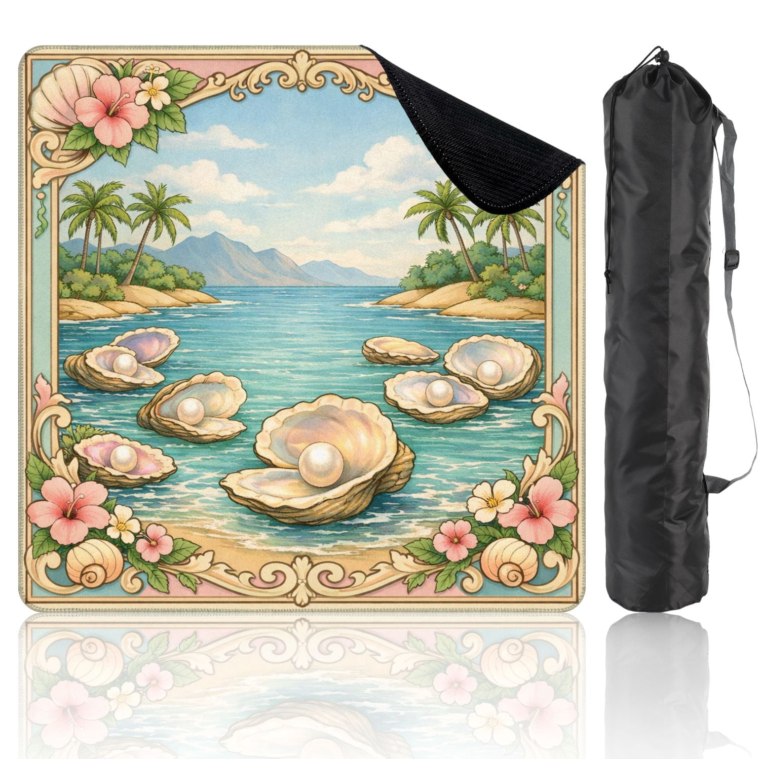 Mahjong Mat 31.5" x 31.5" Tropical Beach Oysters Palm Trees Tranquil Waters Non-Slip Noise Reduction Mahjong Tiles Table Cover for Dominoes Poker Card Board and Tile Games