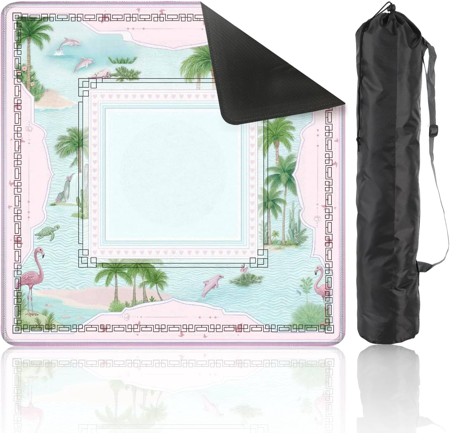 Mahjong Mat 31.5" x 31.5" Tropical Beach Palm Trees Blue Water Pink Design Non-Slip Noise Reduction Mahjong Tiles Table Cover for Dominoes Poker Card Board and Tile Games