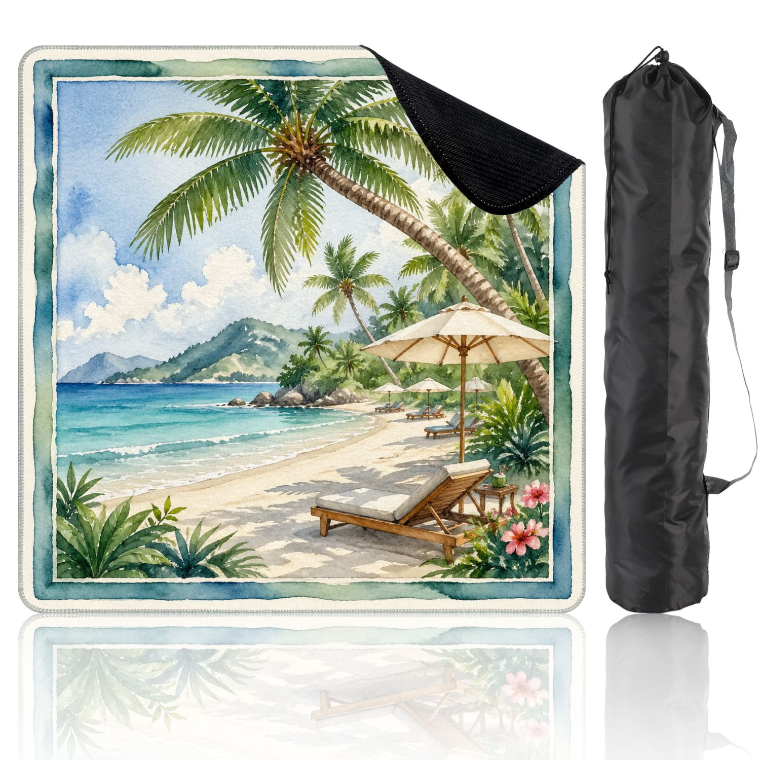 Mahjong Mat 31.5" x 31.5" Tropical Beach Palm Trees Lounge Chairs Ocean Non-Slip Noise Reduction Mahjong Tiles Table Cover for Dominoes Poker Card Board and Tile Games