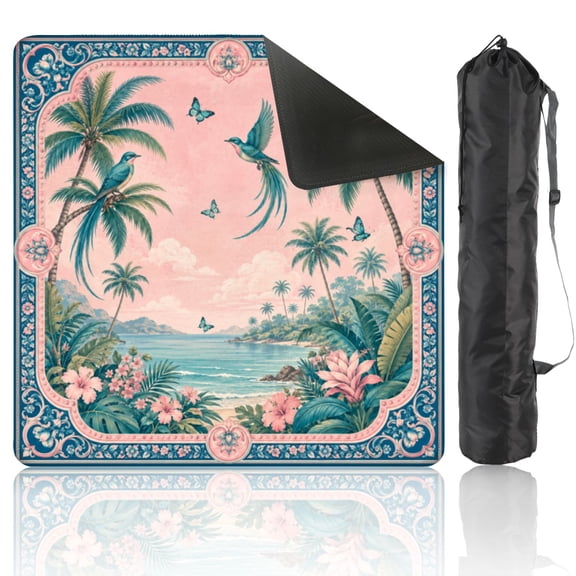 Mahjong Mat 31.5" x 31.5" Tropical Beach Scene Palm Trees Birds Soft Pastel Colors Non-Slip Noise Reduction American Mahjong Tiles Table Cover for Dominoes Poker Card Board Games Gift