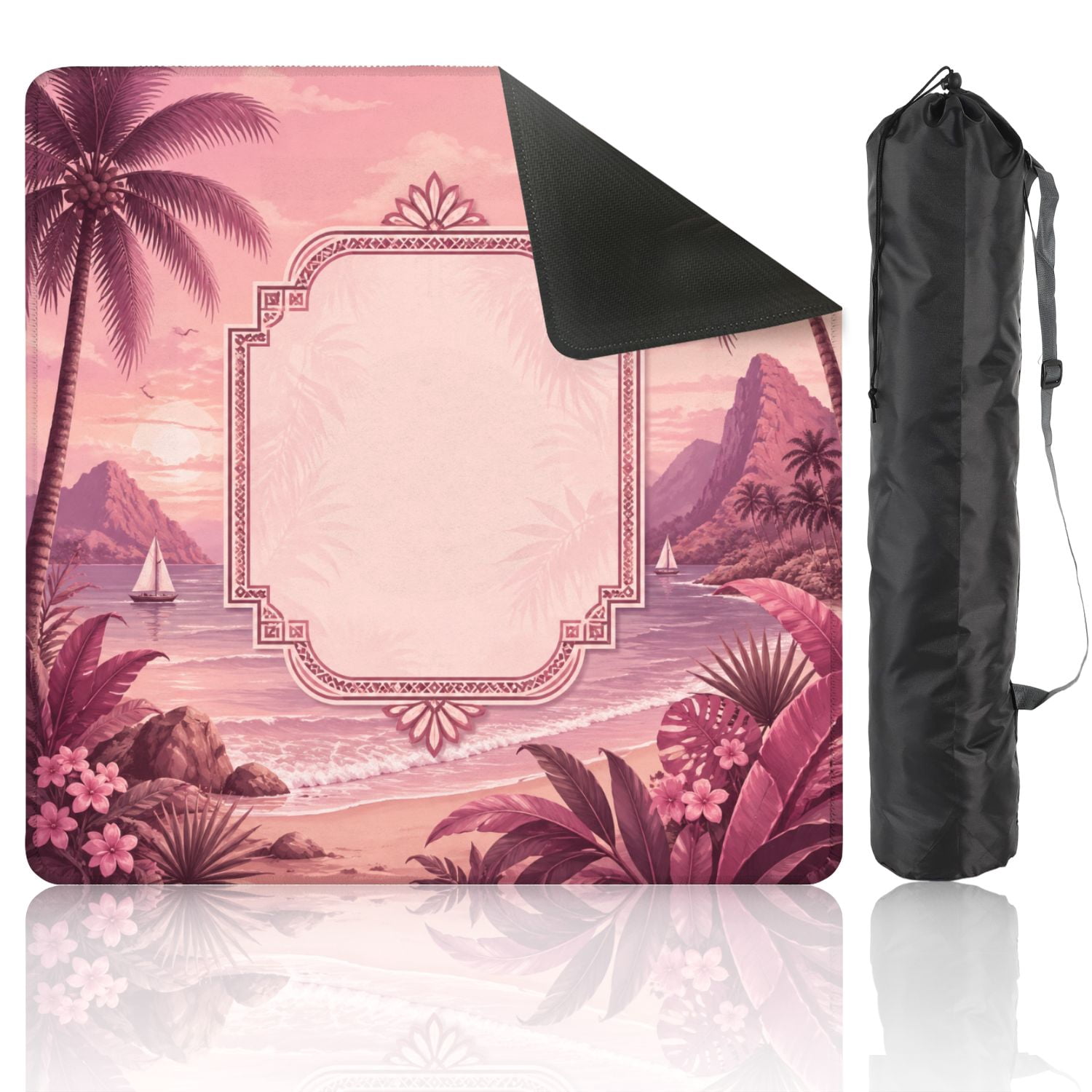Mahjong Mat 31.5" x 31.5" Tropical Beach Sunset Sailboats Palm Trees Soft Pink Hues Non-Slip Noise Reduction American Mahjong Tiles Table Cover for Dominoes Poker Card Board Games Gift