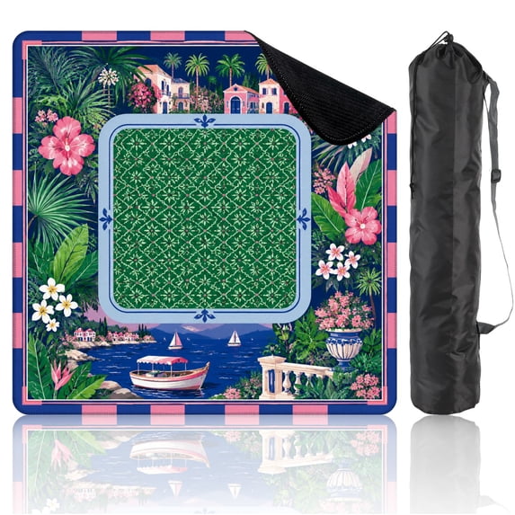 Mahjong Mat 31.5" x 31.5" Tropical Botanical Palm Trees Flowers Boats Geometric Center Non-Slip Noise Reduction Mahjong Tiles Table Cover for Dominoes Poker Card Board and Tile Games