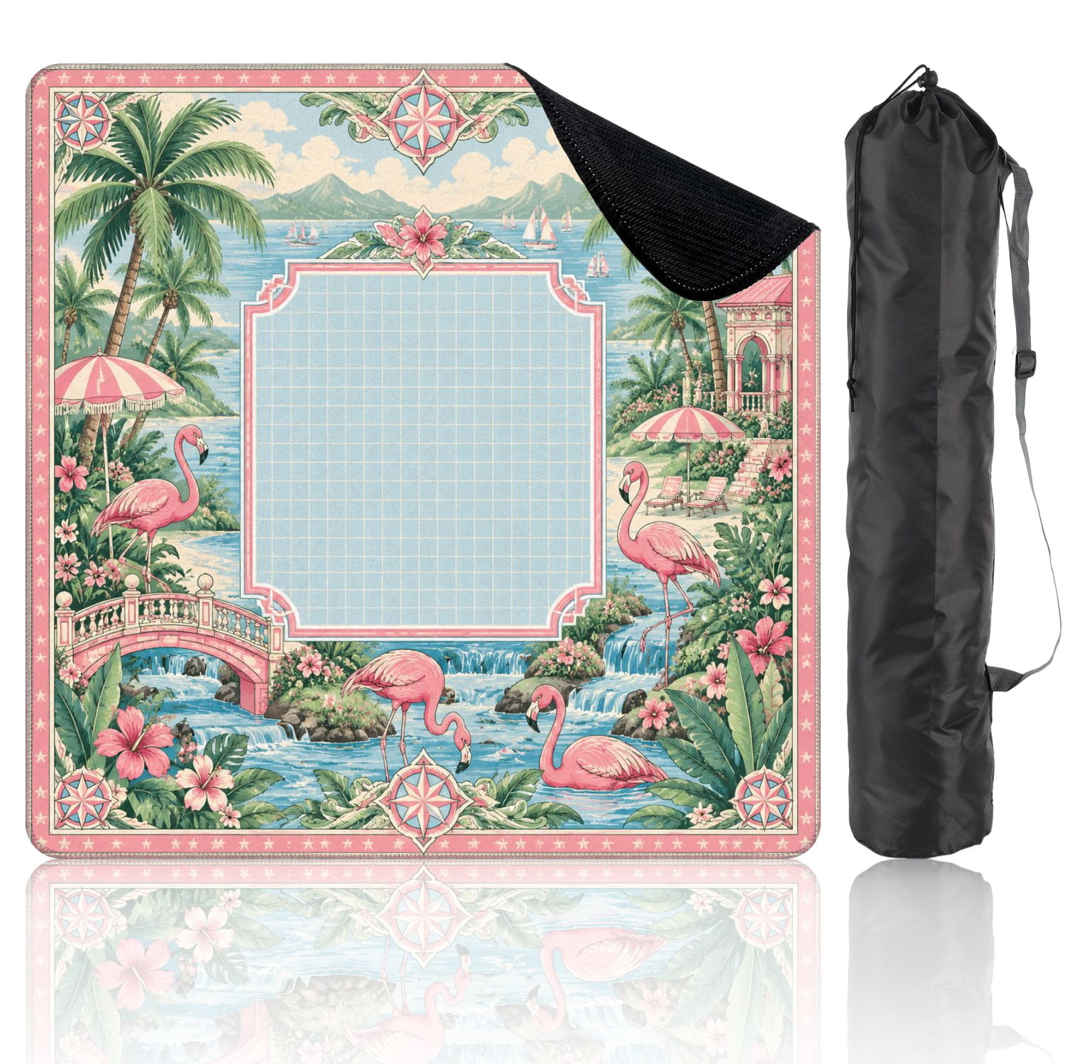 Mahjong Mat 31.5" x 31.5" Tropical Flamingo Palm Tree Pastel Pink Blue Accents Non-Slip Noise Reduction Mahjong Tiles Table Cover for Dominoes Poker Card Board and Tile Games