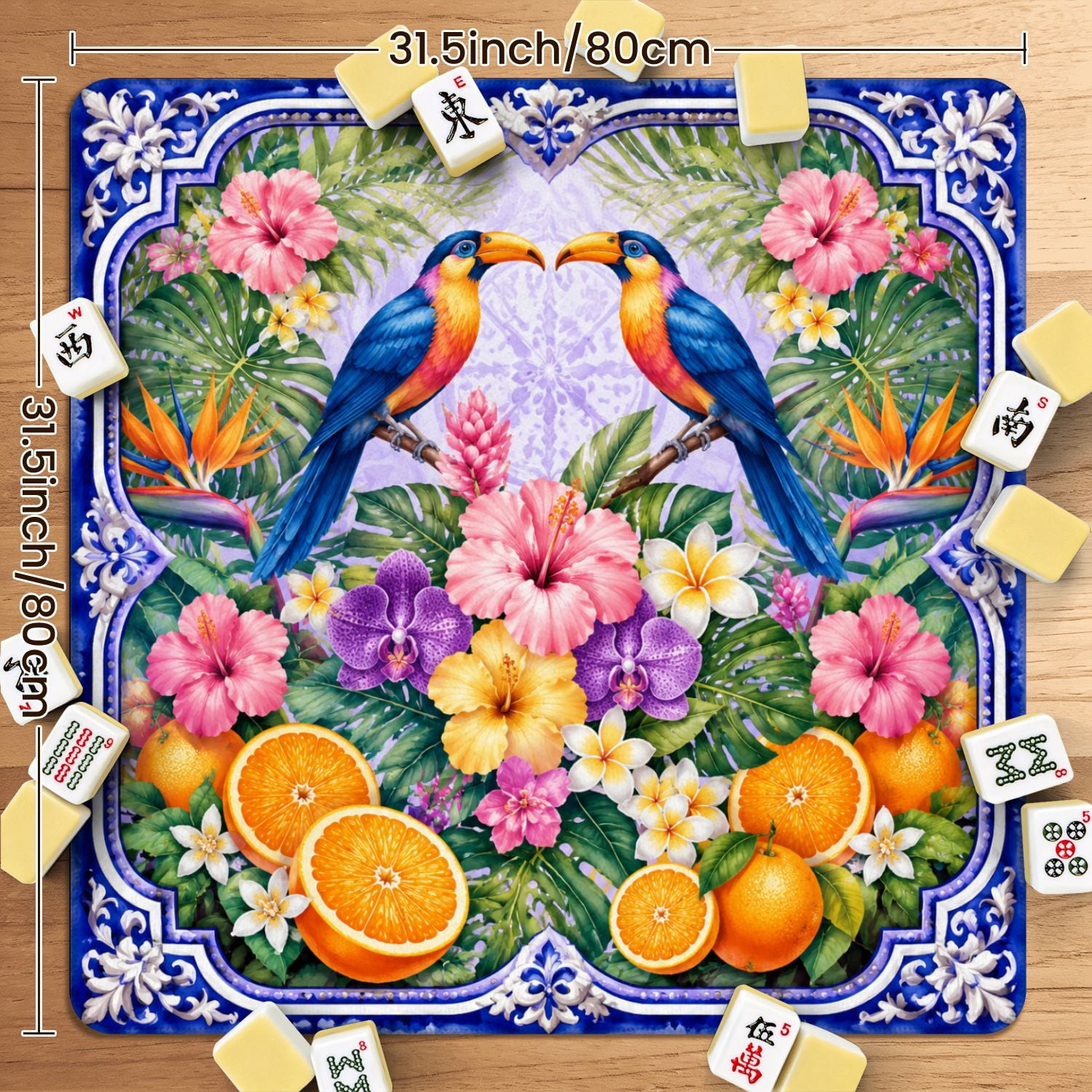 Mahjong Mat 31.5" x 31.5" Tropical Floral Bird Vibrant Colors Exotic Elements Non-Slip Noise Reduction American Mahjong Tiles Table Cover for Dominoes Poker Card Board Games Gift