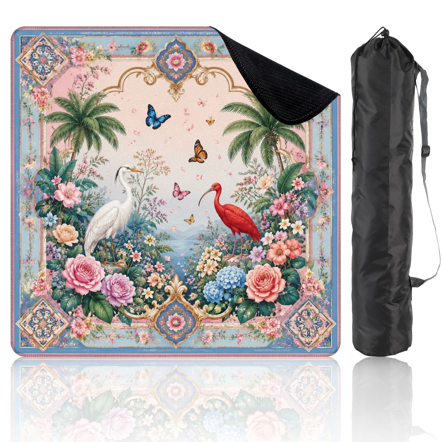Mahjong Mat 31.5" x 31.5" Tropical Floral Birds Butterflies Vibrant Colors Non-Slip Noise Reduction Mahjong Tiles Table Cover for Dominoes Poker Card Board and Tile Games