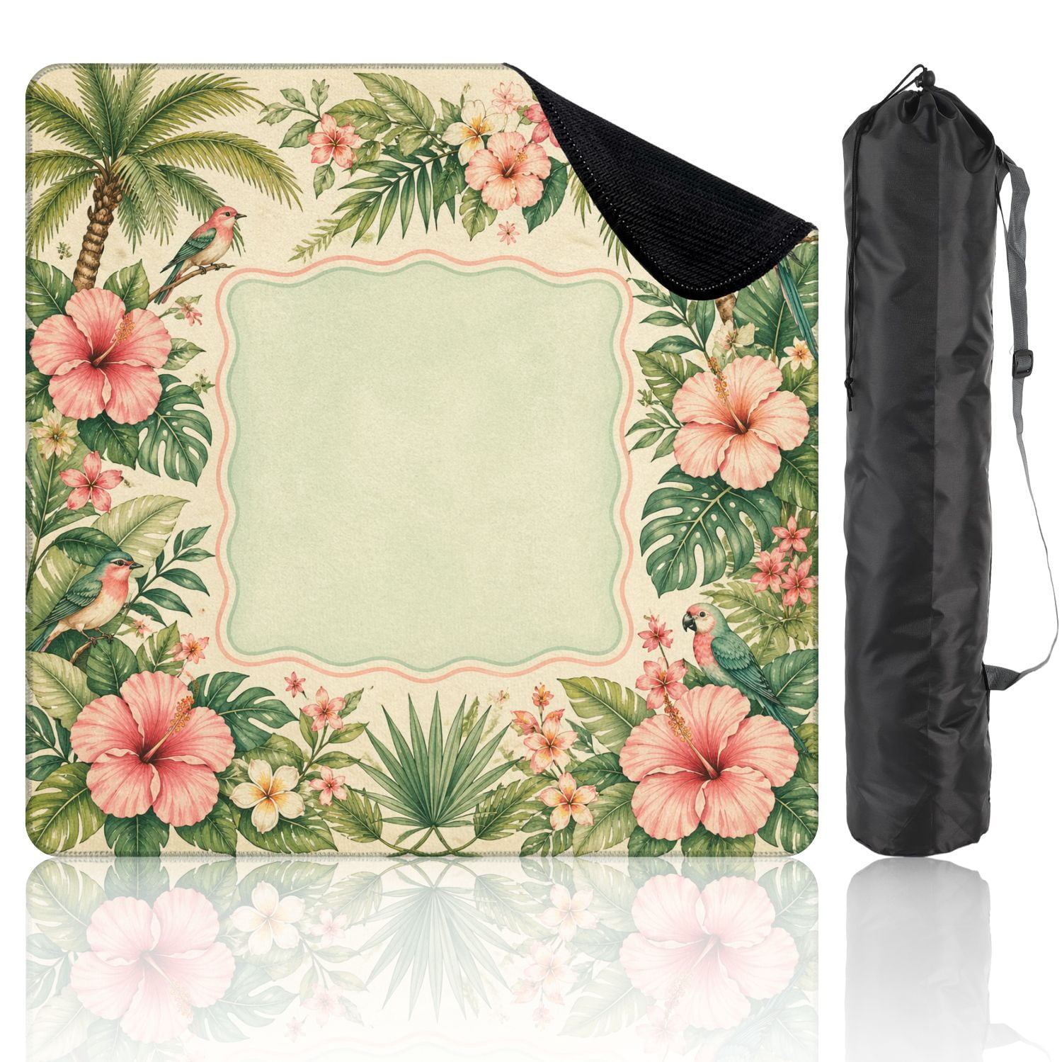 Mahjong Mat 31.5" x 31.5" Tropical Floral Frame Hibiscus Palm Leaves Colorful Birds Non-Slip Noise Reduction Mahjong Tiles Table Cover for Dominoes Poker Card Board and Tile Games