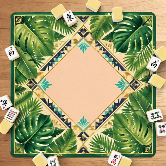 Mahjong Mat 31.5" x 31.5" Tropical Green Leaves Frame Geometric Ethnic Patterns Blank Center Non-Slip Noise Reduction American Mahjong Tiles Table Cover for Dominoes Poker Card Board Games Gift
