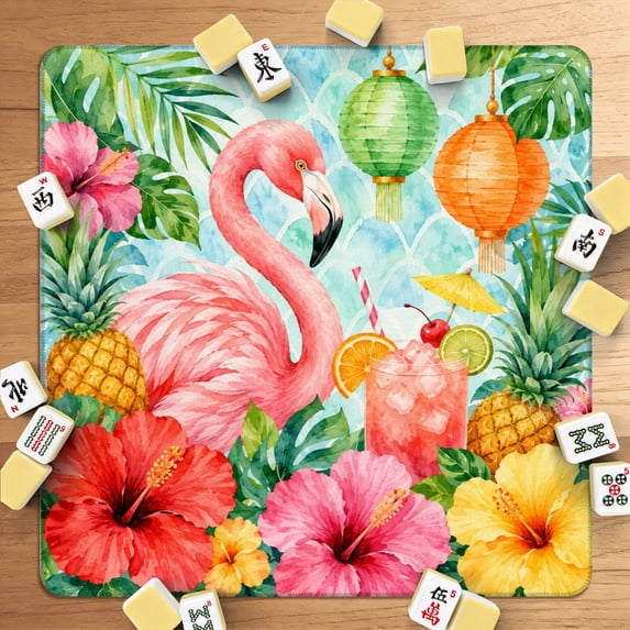 Mahjong Mat 31.5" x 31.5" Tropical Hibiscus Flowers Pineapples Lanterns Vibrant Watercolor Style Non-Slip Noise Reduction American Mahjong Tiles Table Cover for Dominoes Poker Card Board Games Gift