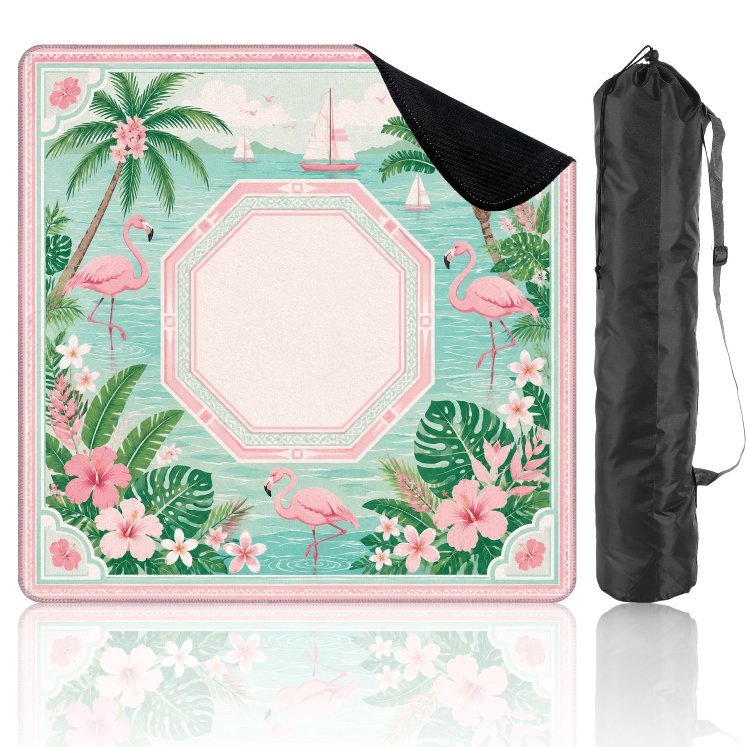 Mahjong Mat 31.5" x 31.5" Tropical Island Landscape Palm Trees Boats Pink amp Blue Decorative Non-Slip Noise Reduction Chic Portable Gaming Table Cover for Family Game Night & Gift