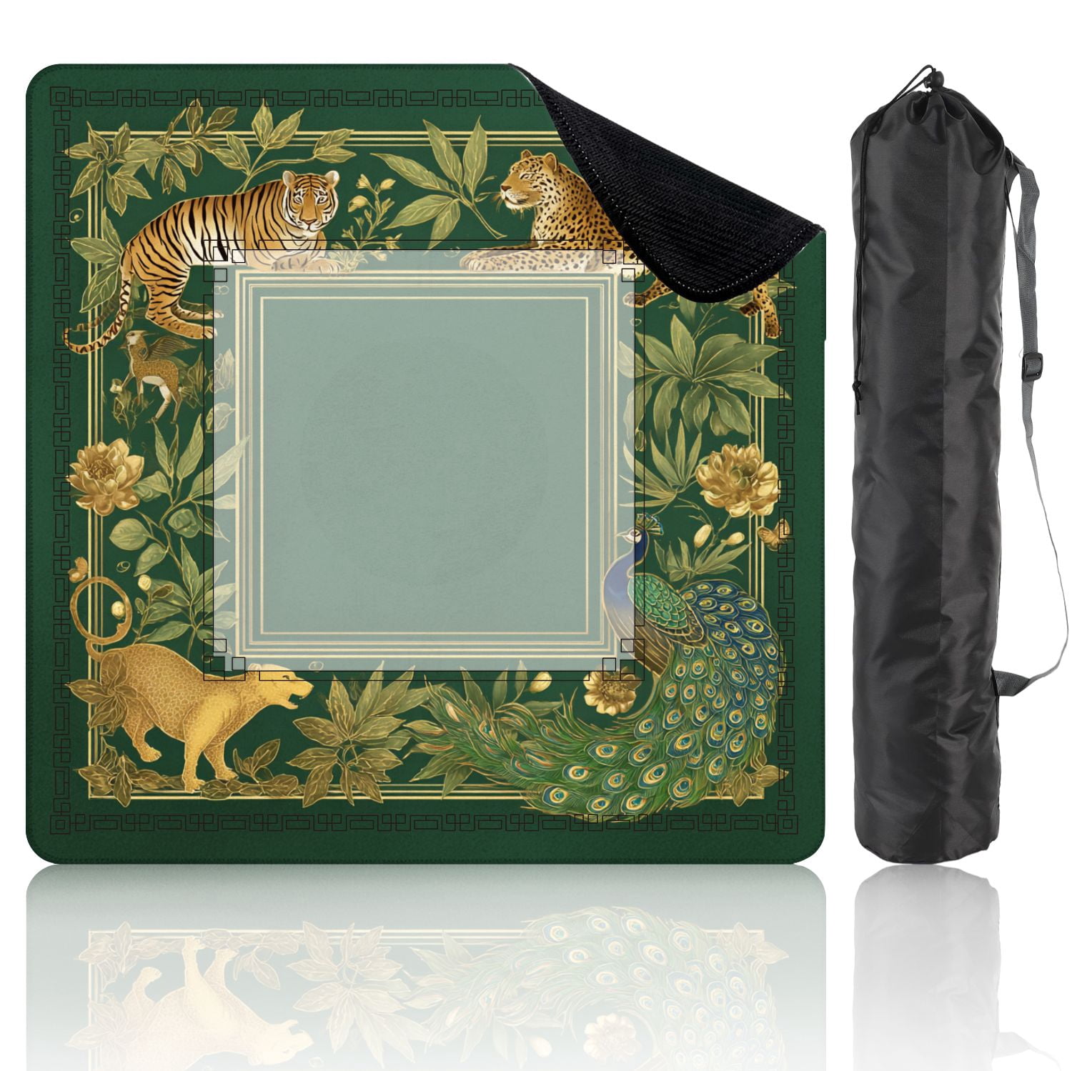 Mahjong Mat 31.5" x 31.5" Tropical Jungle Wildlife Tiger Leopard Peacock Golden Frame Non-Slip Noise Reduction American Mahjong Tiles Table Cover for Dominoes Poker Card Board Games Gift
