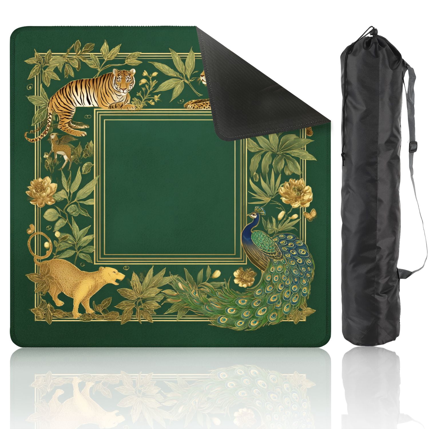 Mahjong Mat 31.5" x 31.5" Tropical Jungle Wildlife Tiger Leopard Peacock Golden Frame Non-Slip Noise Reduction American Mahjong Tiles Table Cover for Dominoes Poker Card Board Games Gift