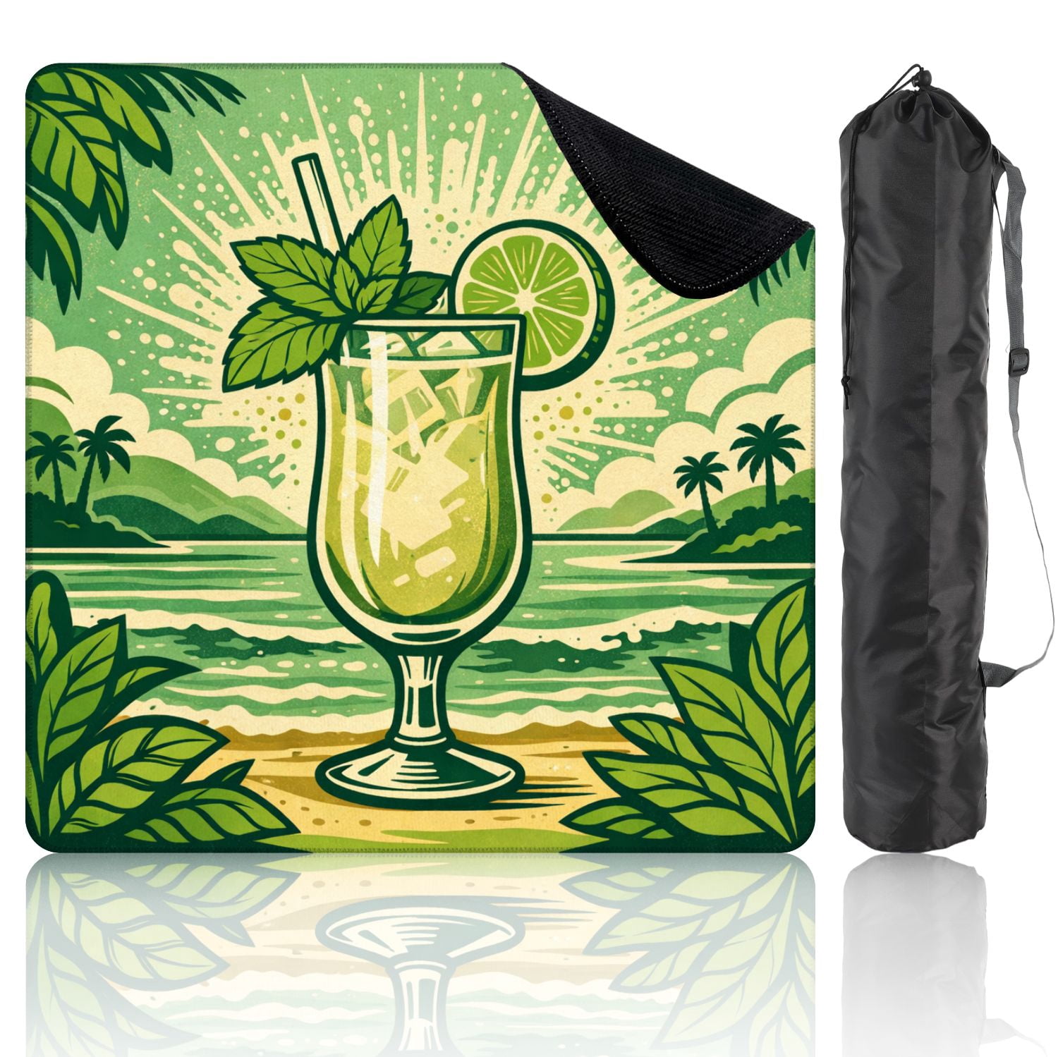 Mahjong Mat 31.5" x 31.5" Tropical Mojito Cocktail Mint Lime Beachfront Non-Slip Noise Reduction Mahjong Tiles Table Cover for Dominoes Poker Card Board and Tile Games